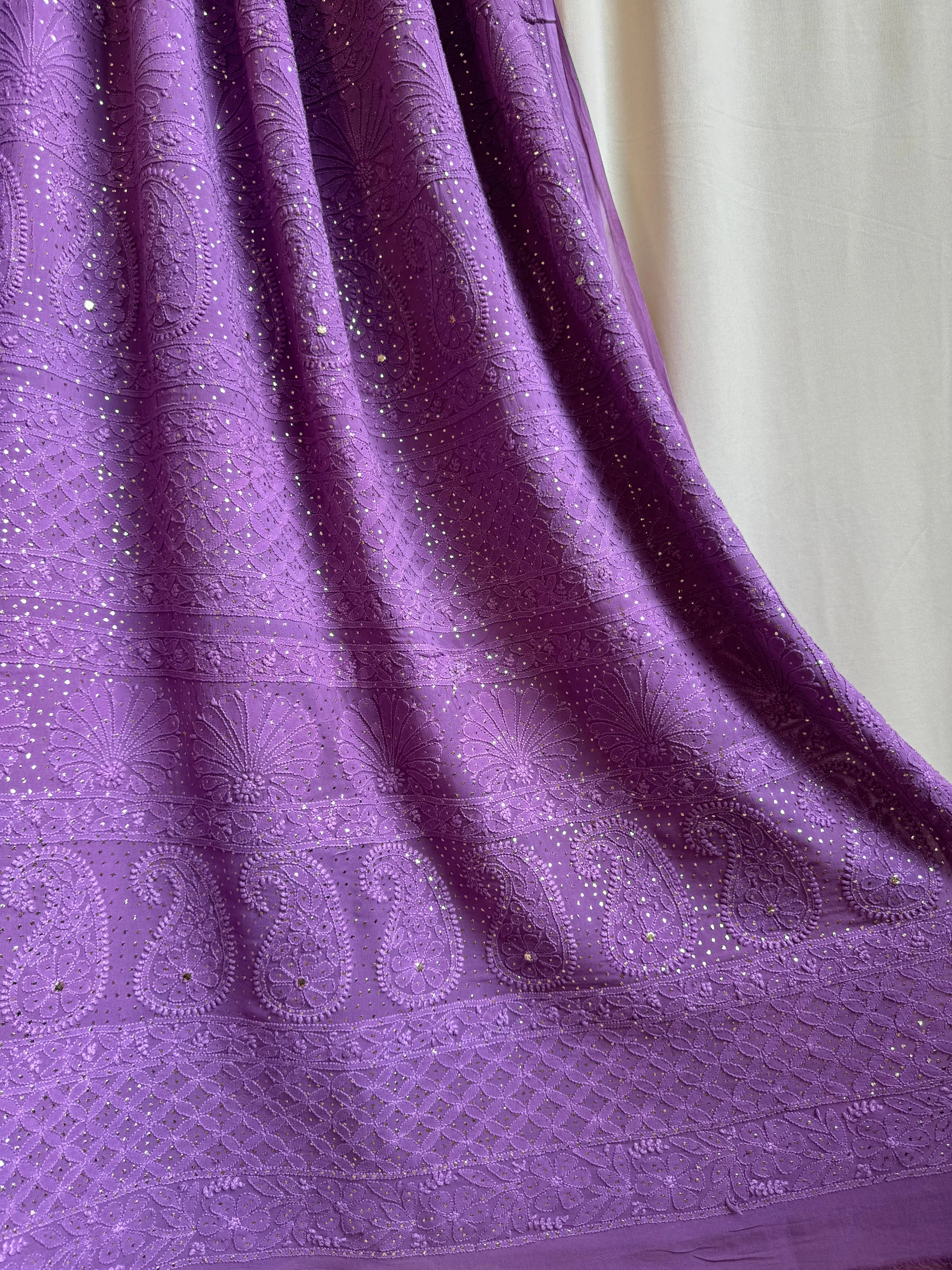 Viscose Deep Lilac Chikankari saree with Mukaish Work - ARIAA CHIKANKARI