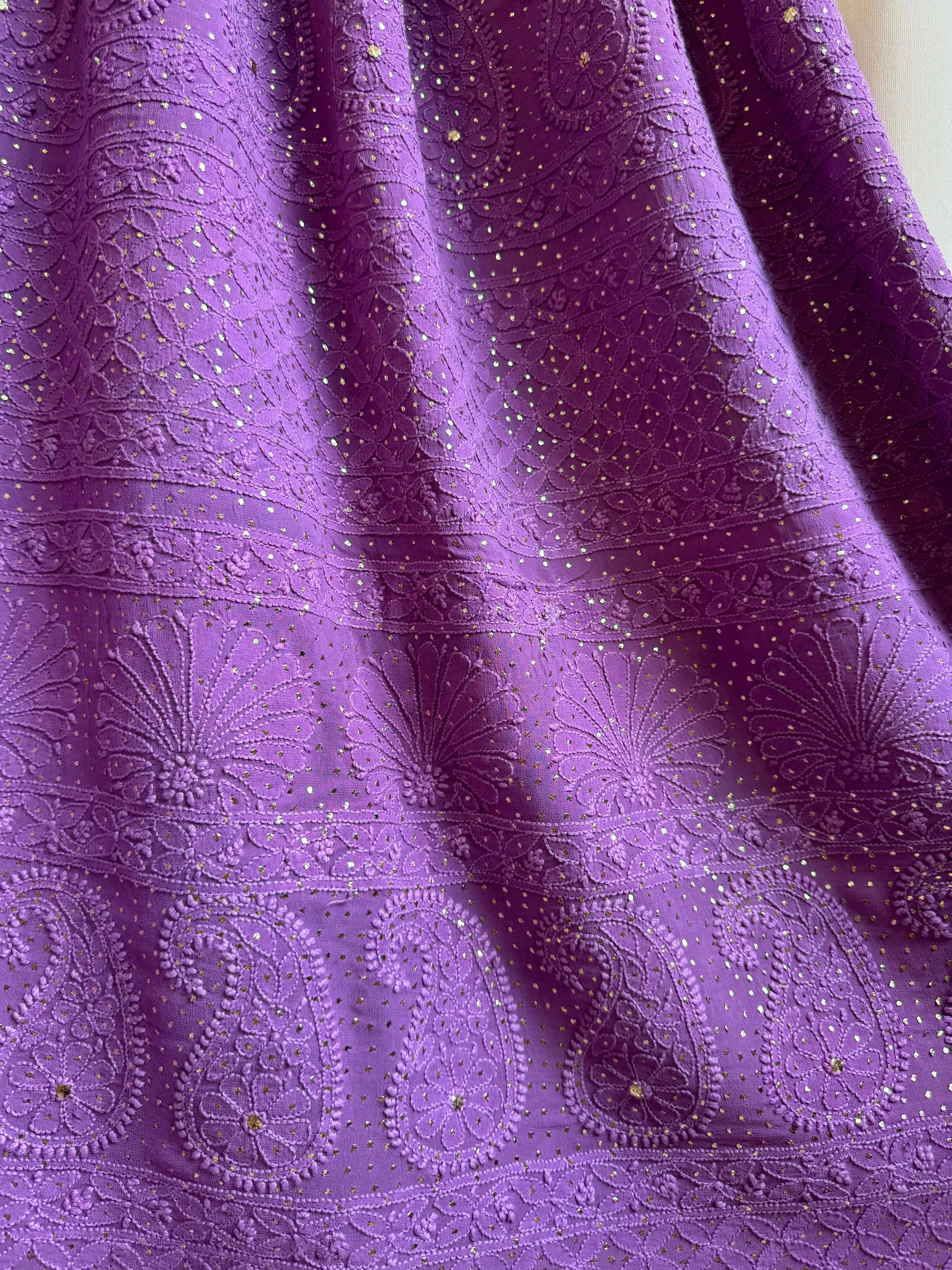 Viscose Deep Lilac Chikankari saree with Mukaish Work - ARIAA CHIKANKARI