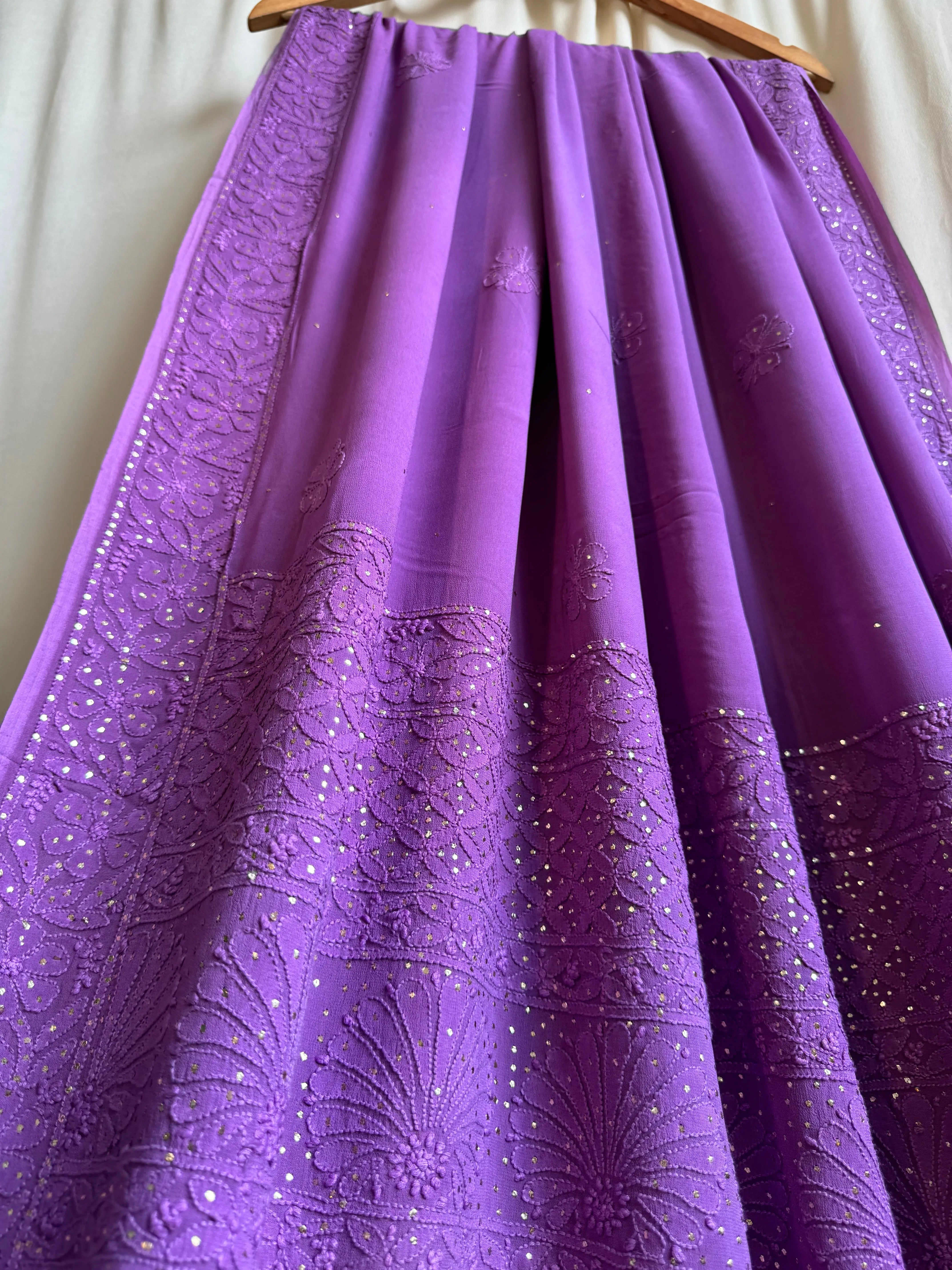 Viscose Deep Lilac Chikankari saree with Mukaish Work - ARIAA CHIKANKARI