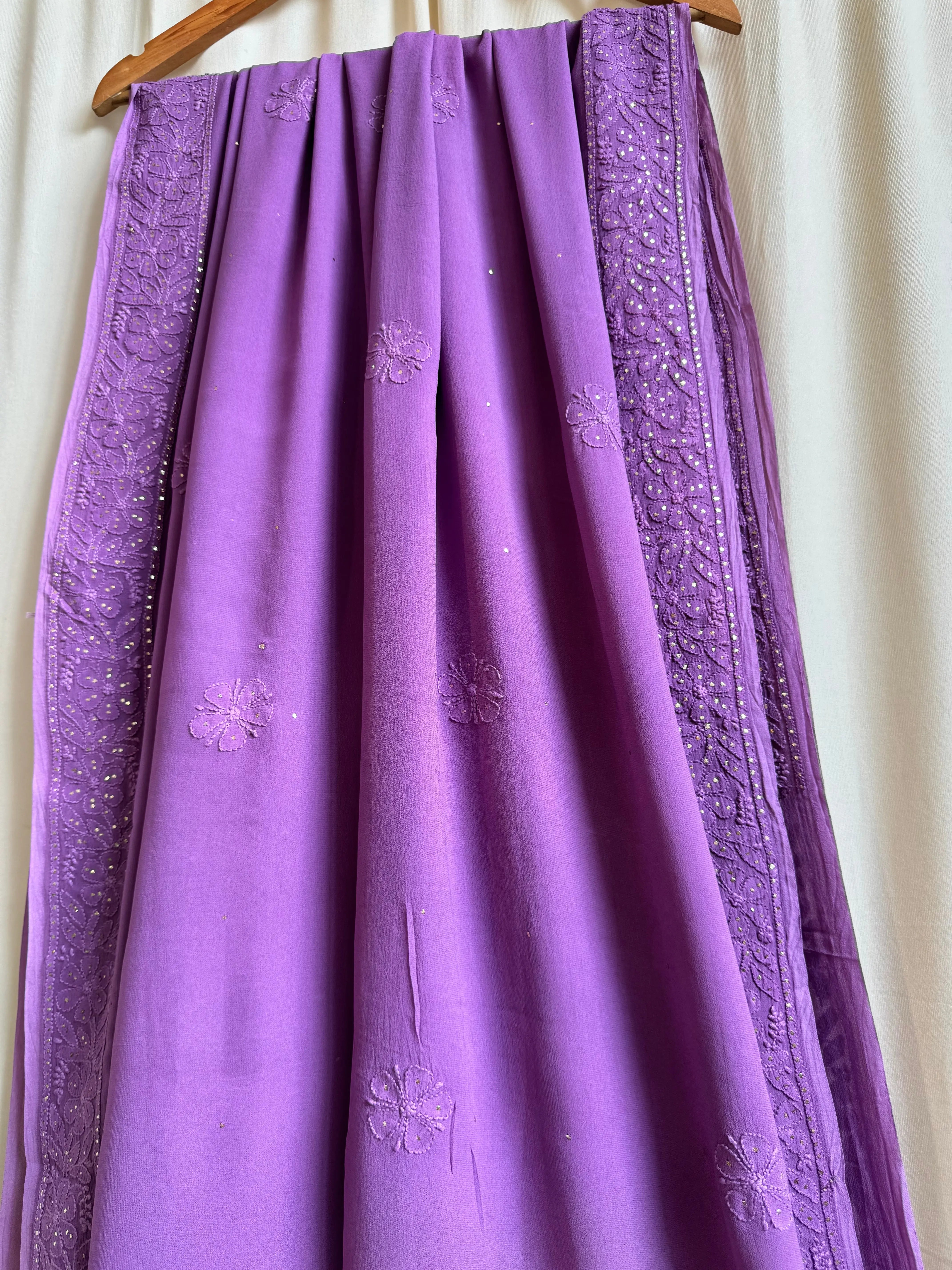 Viscose Deep Lilac Chikankari saree with Mukaish Work - ARIAA CHIKANKARI