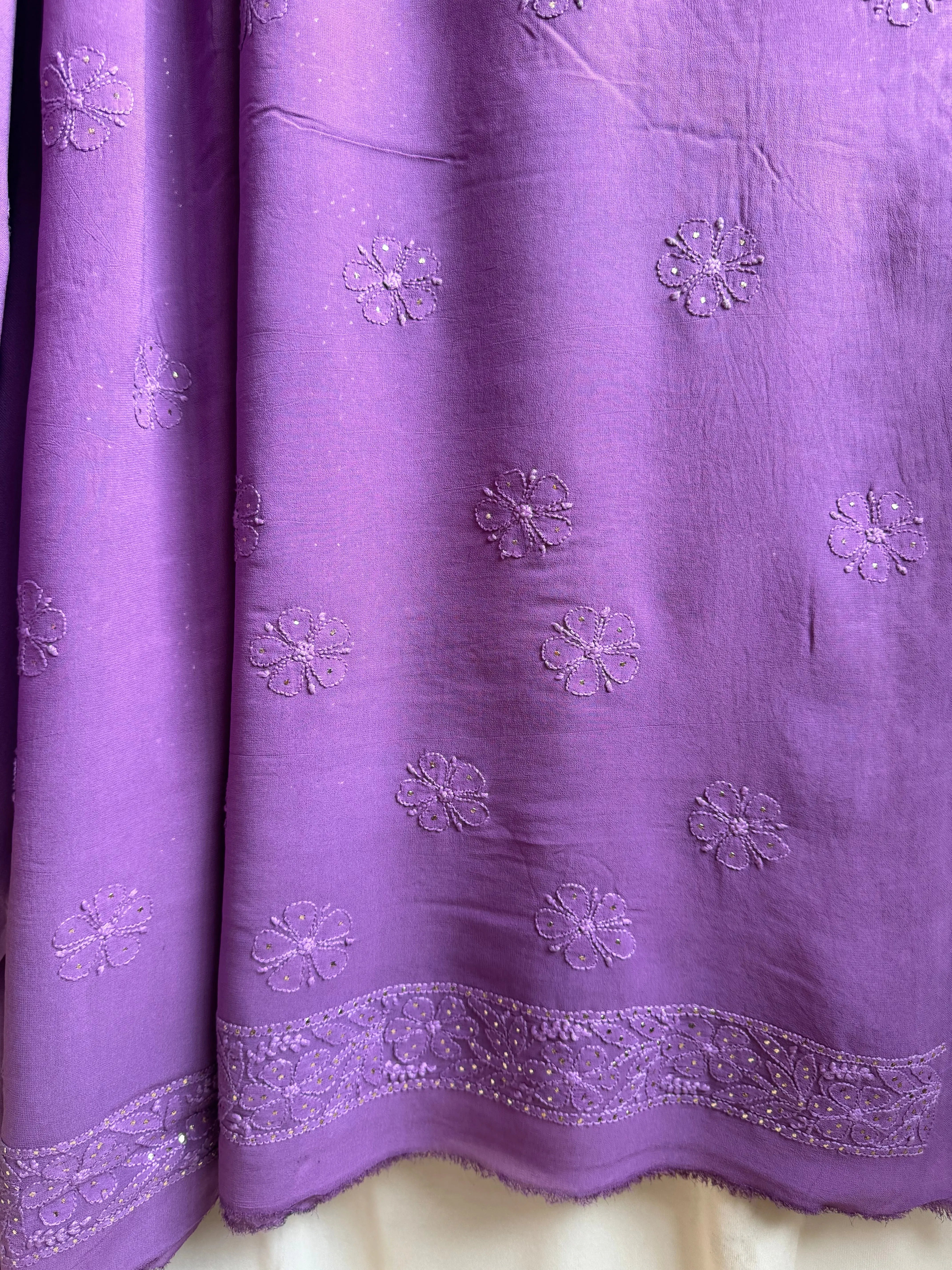 Viscose Deep Lilac Chikankari saree with Mukaish Work - ARIAA CHIKANKARI