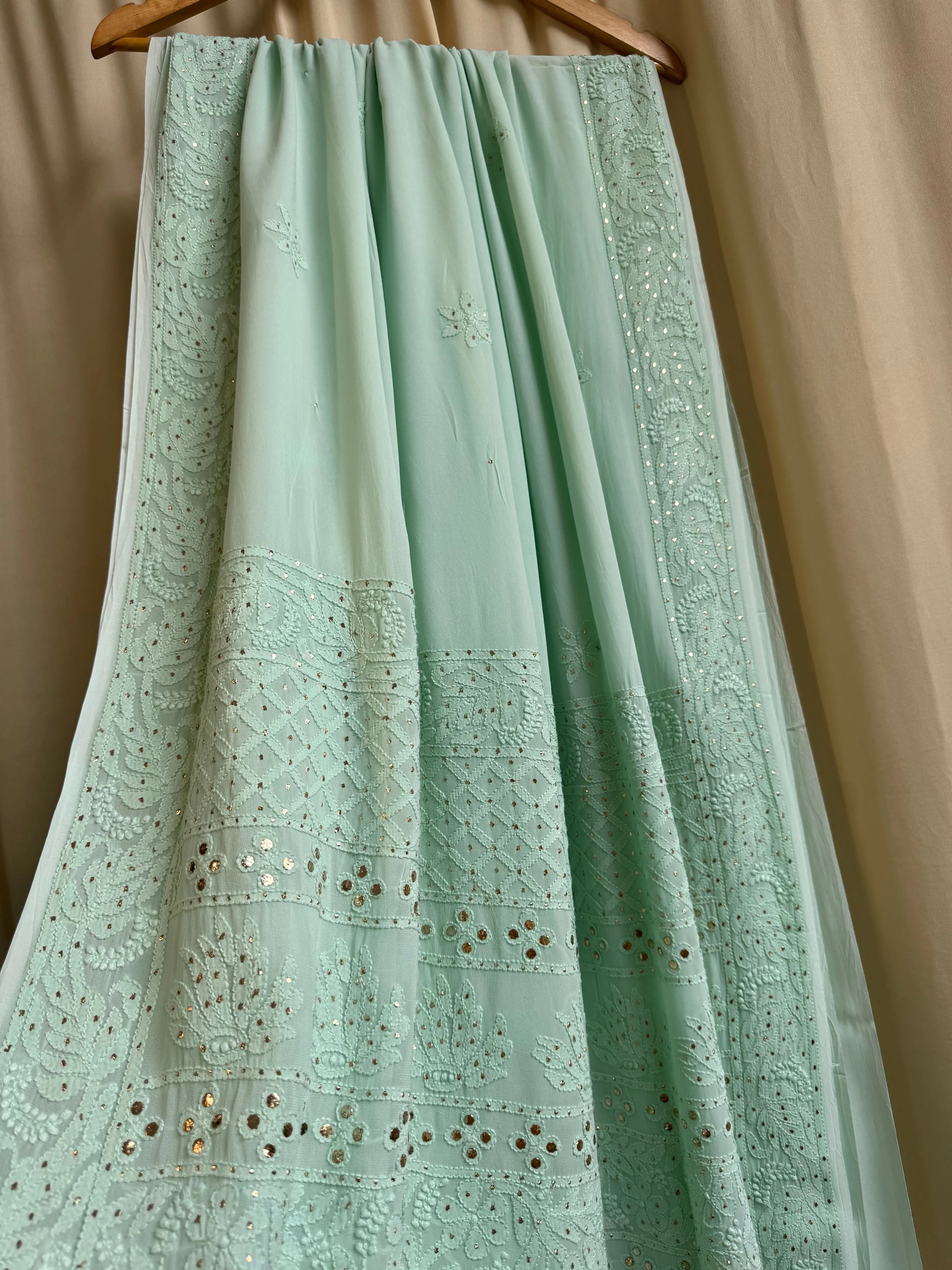 Viscose Green Chikankari saree with Mukaish Work - ARIAA CHIKANKARI