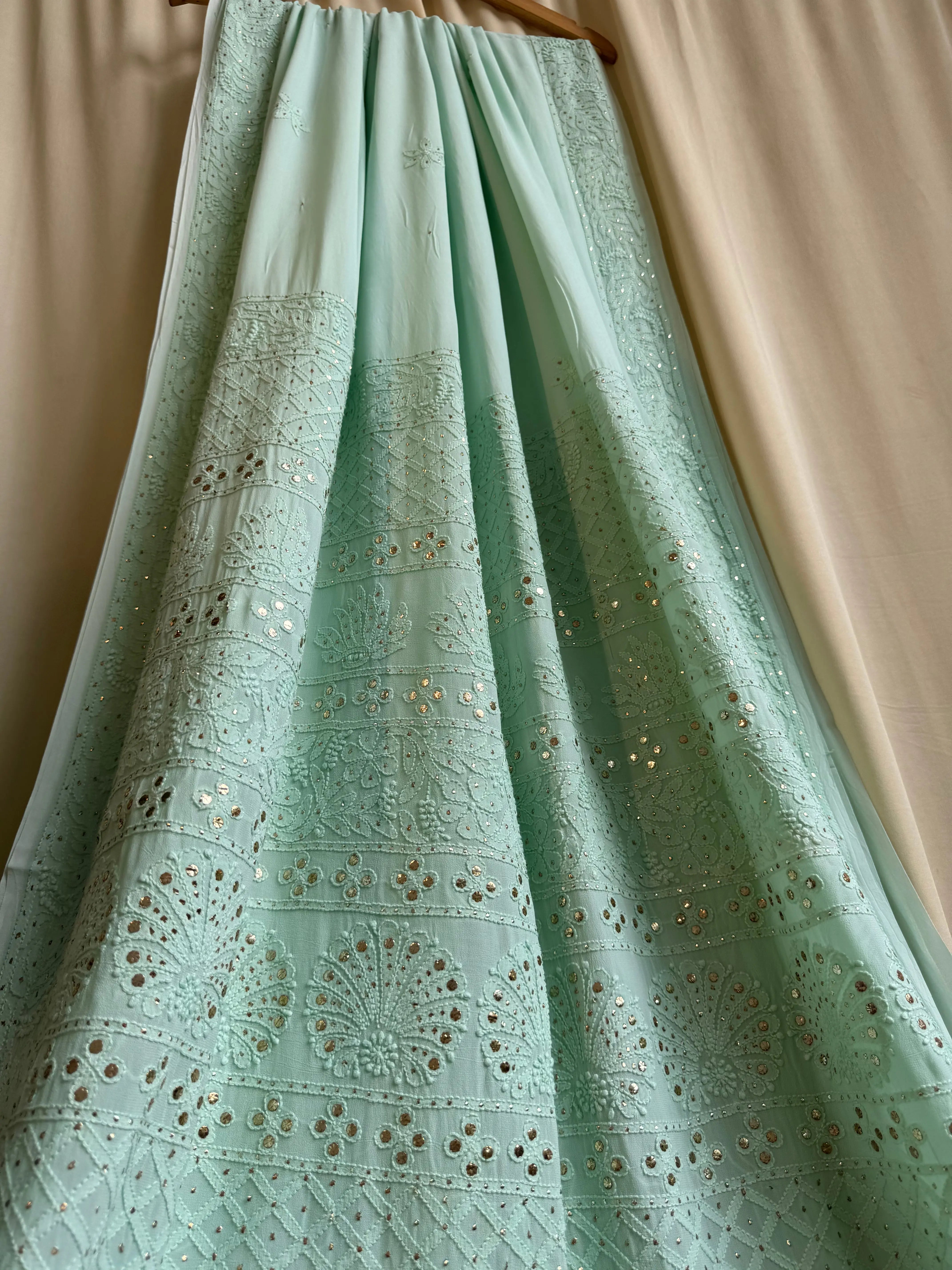 Viscose Green Chikankari saree with Mukaish Work - ARIAA CHIKANKARI