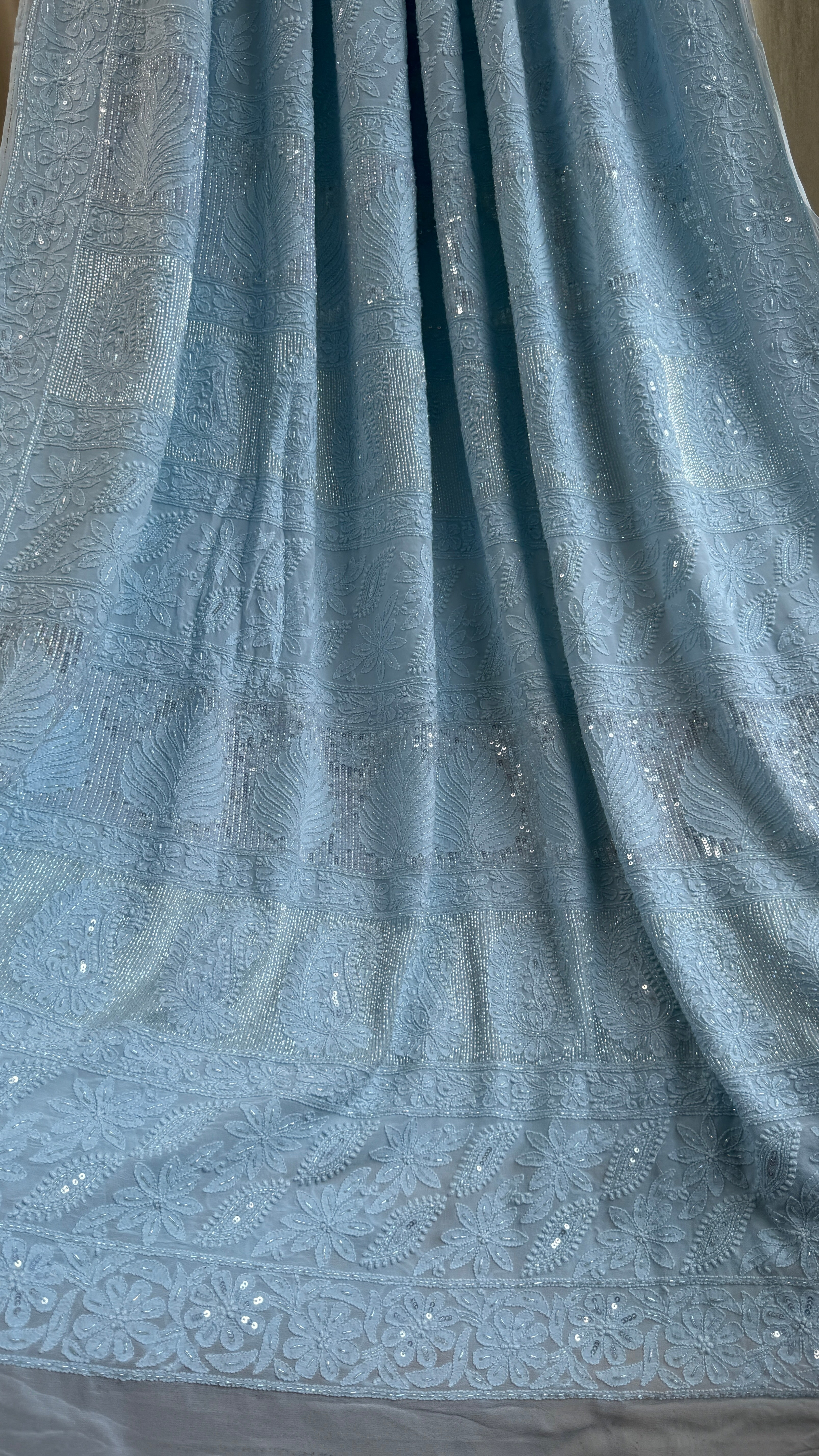 Viscose Chikankari saree with Pearl embellishments - Blue
