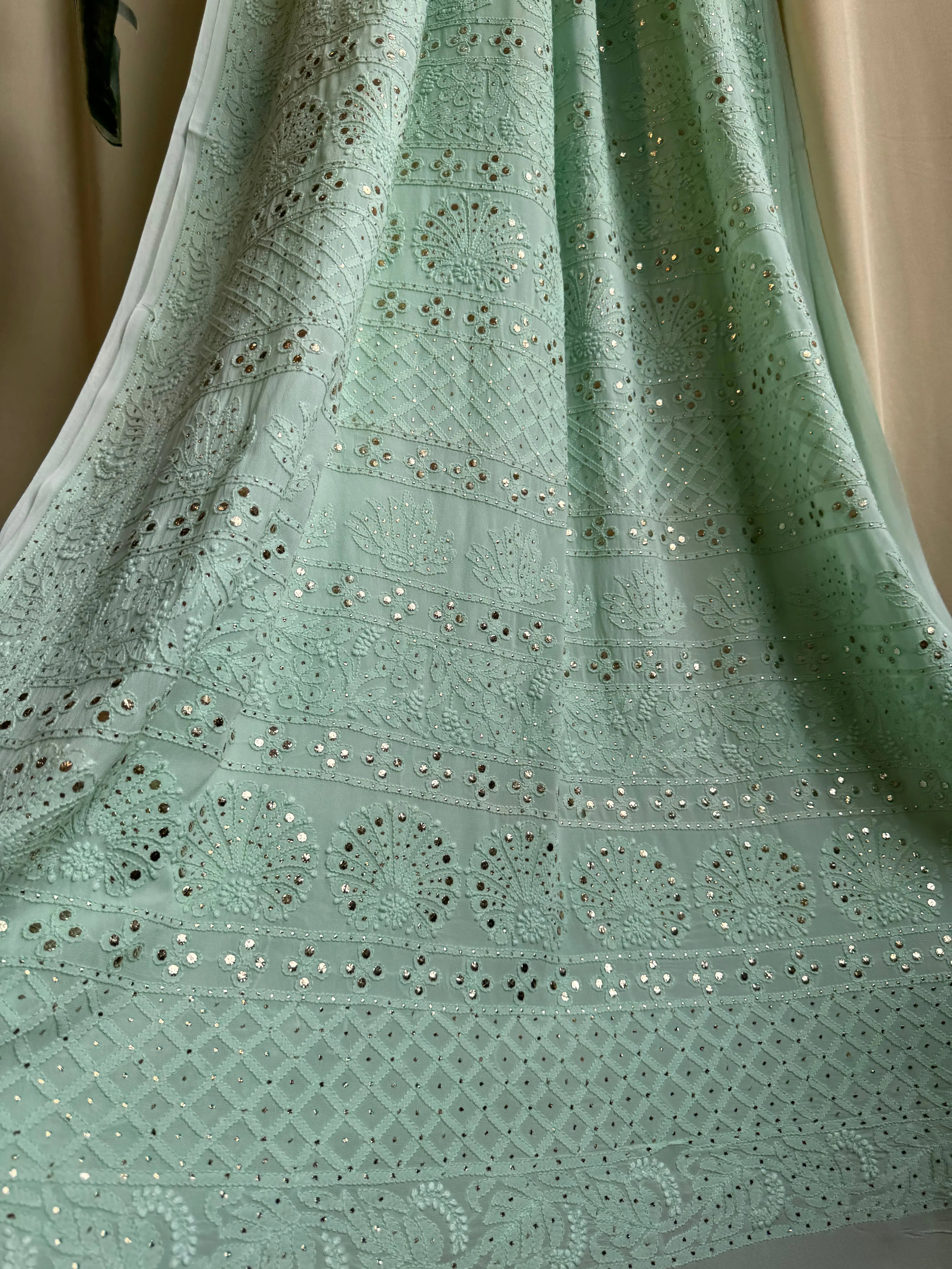 Viscose Green Chikankari saree with Mukaish Work - ARIAA CHIKANKARI