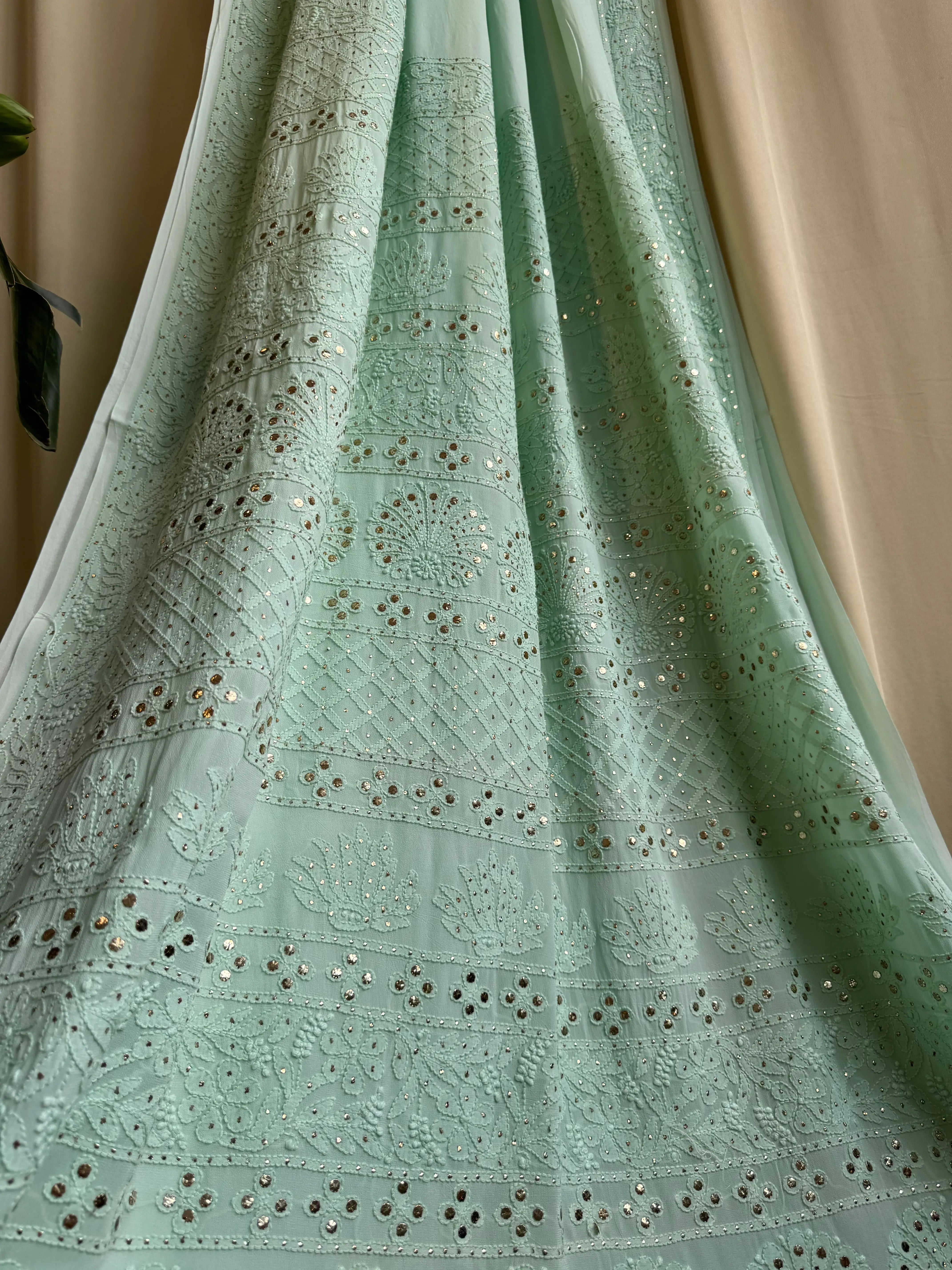 Viscose Green Chikankari saree with Mukaish Work - ARIAA CHIKANKARI