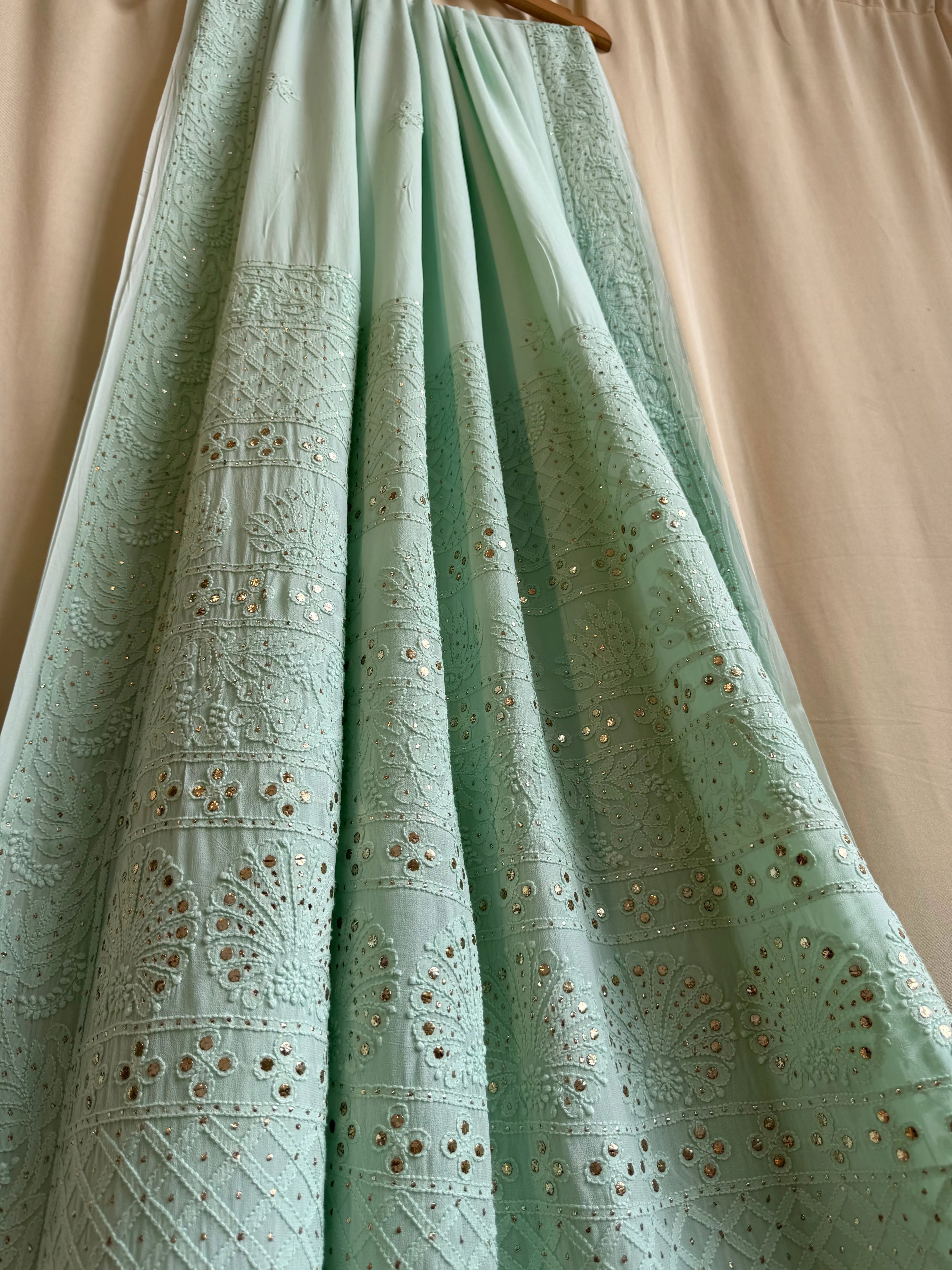 Viscose Green Chikankari saree with Mukaish Work - ARIAA CHIKANKARI