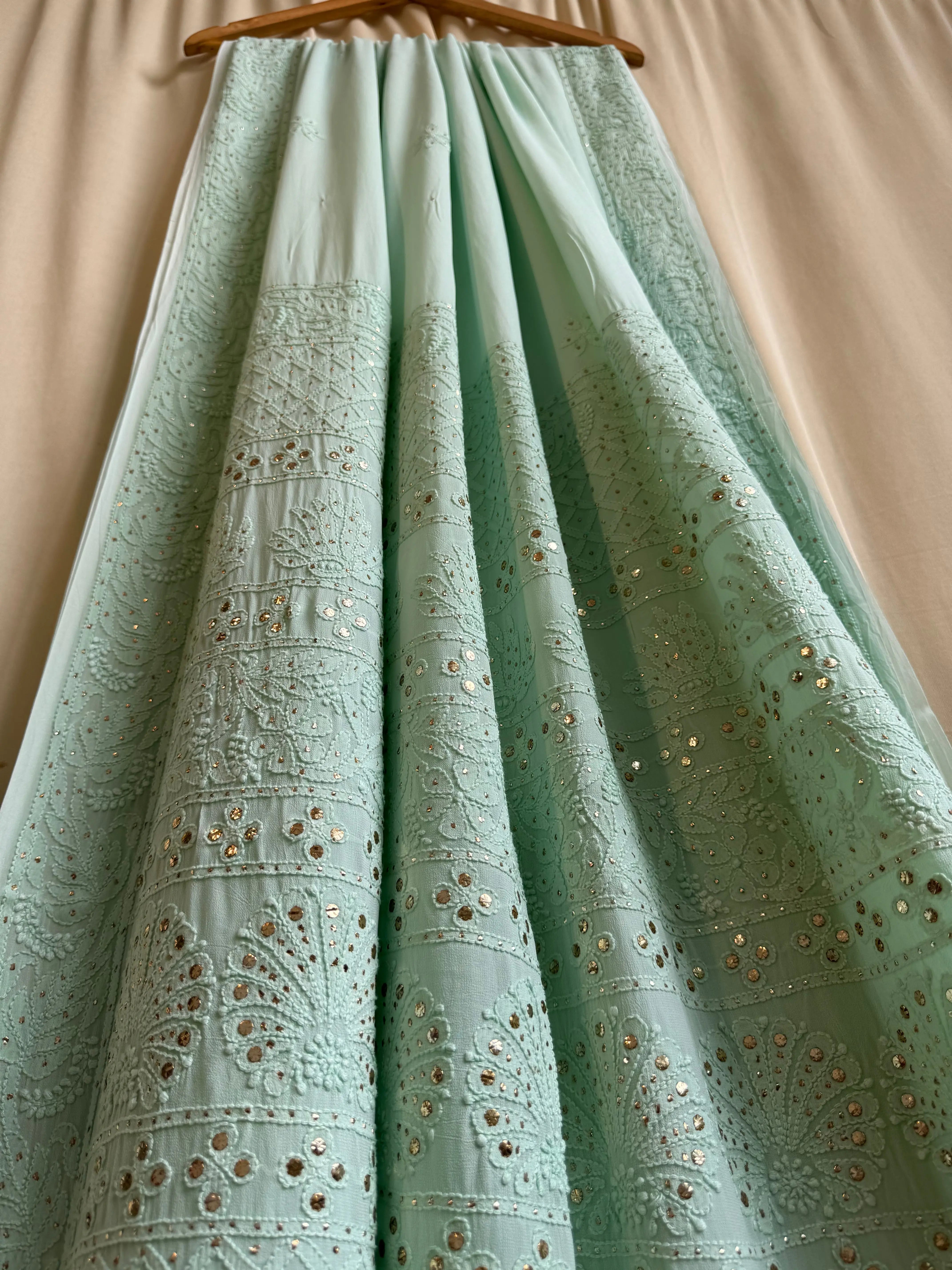 Viscose Green Chikankari saree with Mukaish Work - ARIAA CHIKANKARI