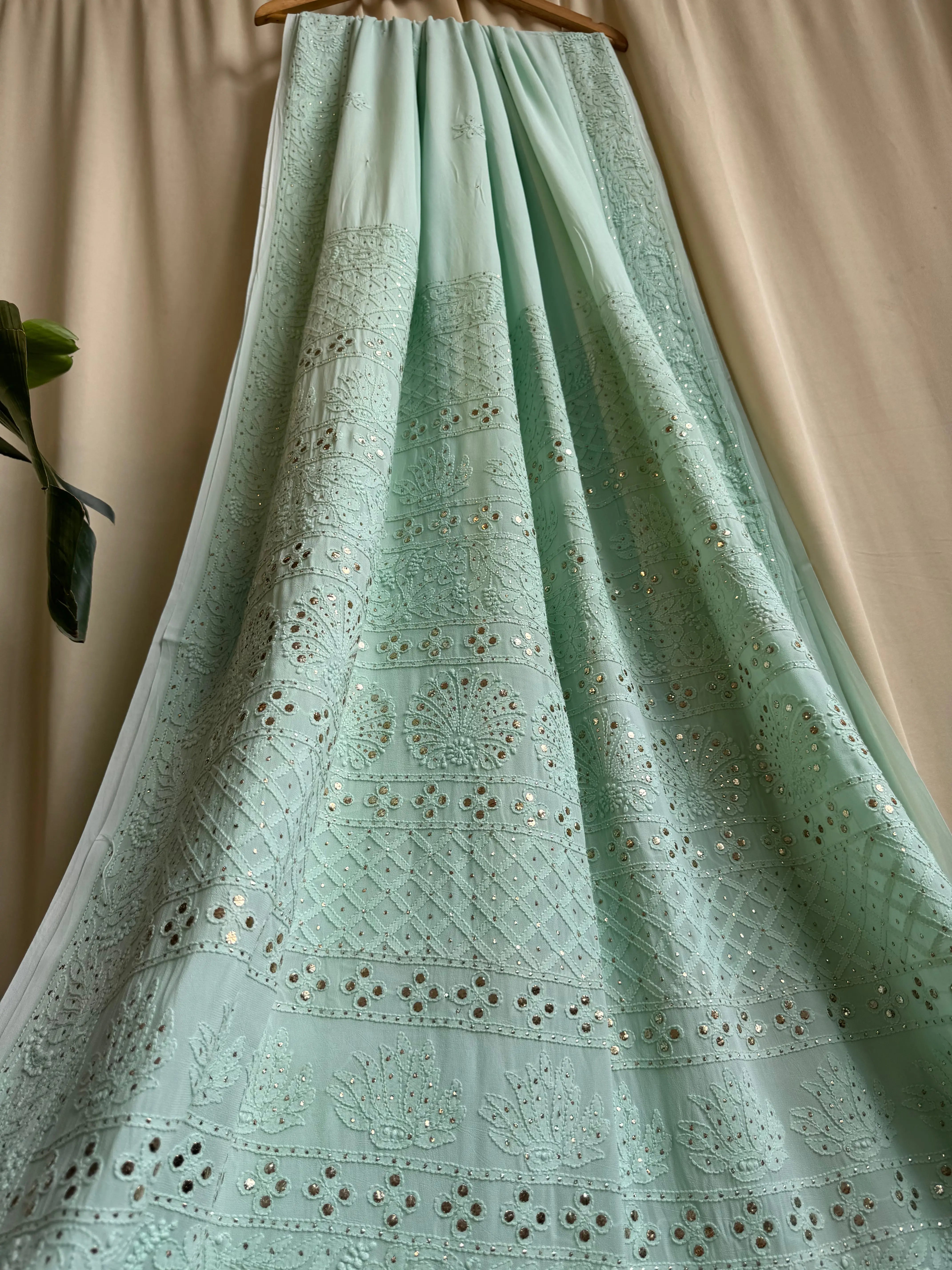 Viscose Green Chikankari saree with Mukaish Work - ARIAA CHIKANKARI