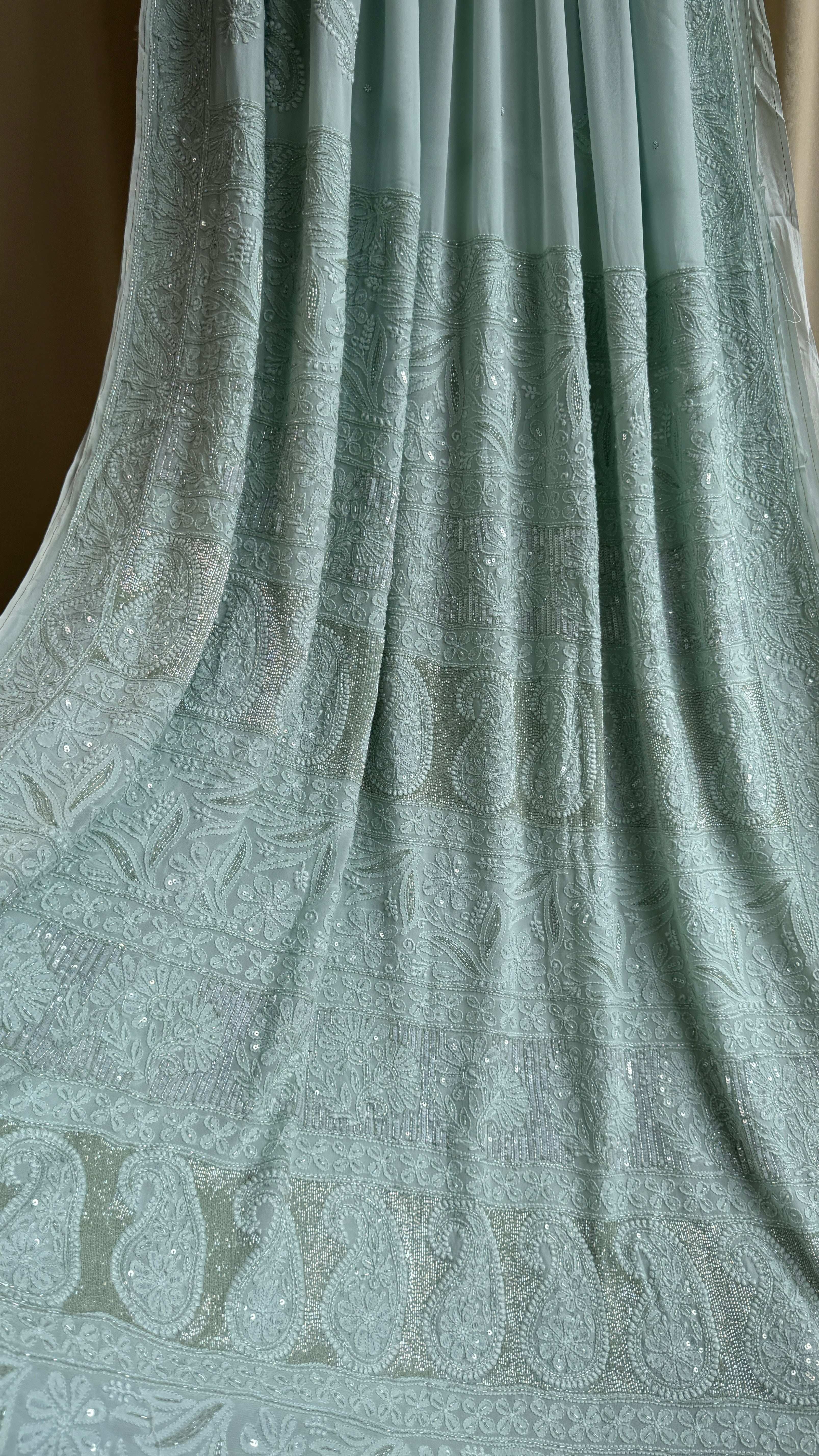 Viscose Chikankari saree with Pearl embellishments - Green
