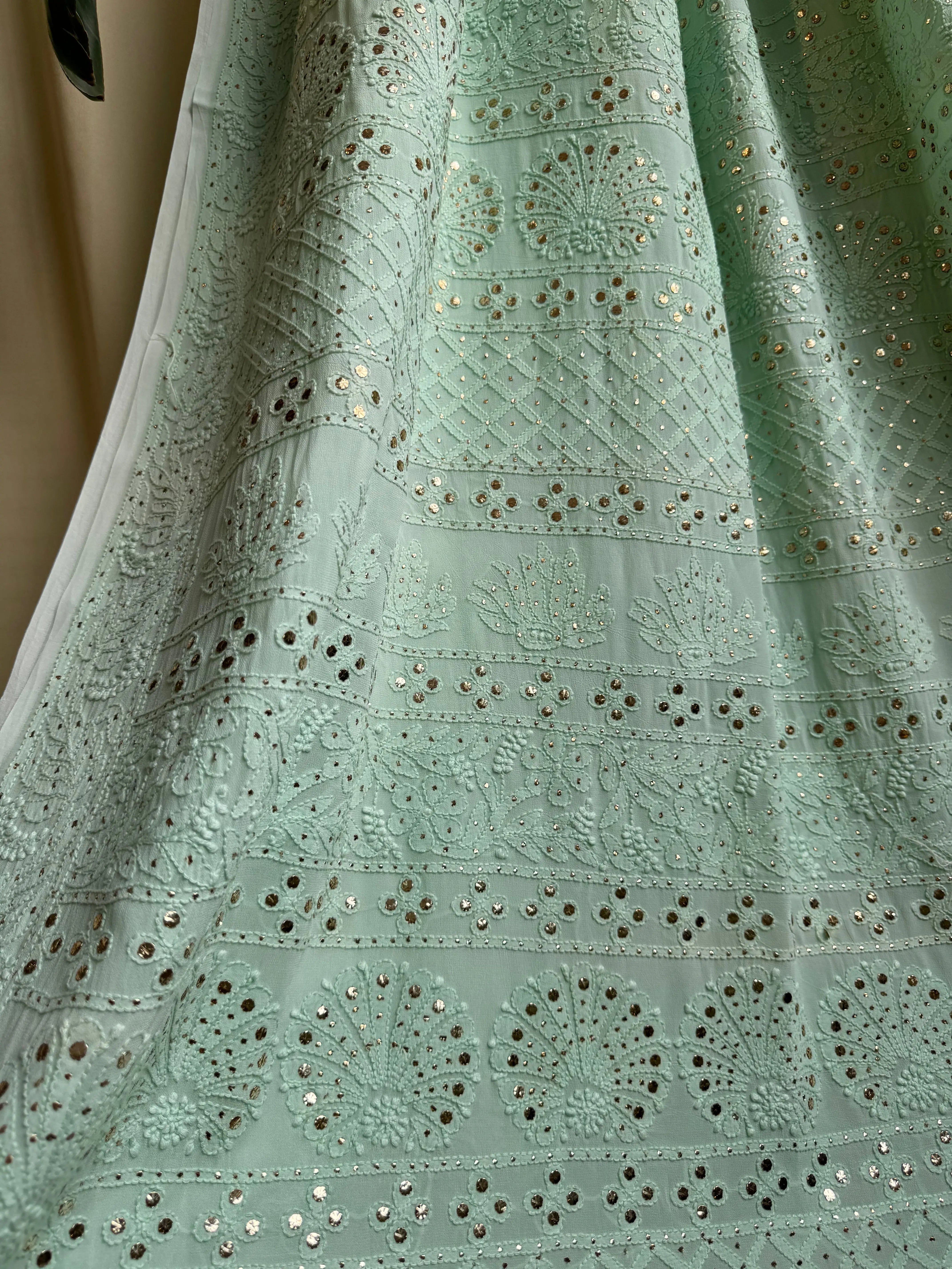 Viscose Green Chikankari saree with Mukaish Work - ARIAA CHIKANKARI