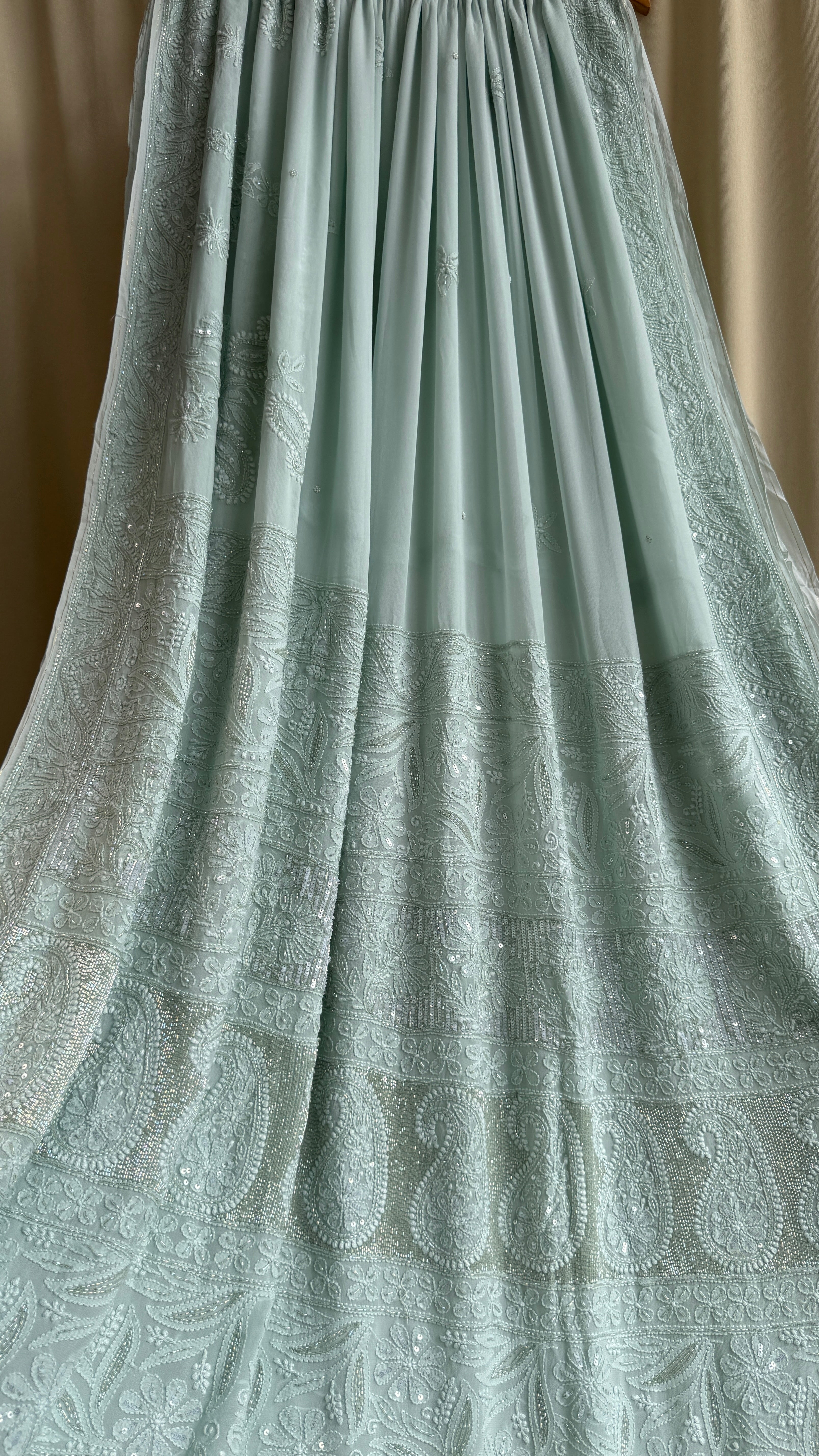 Viscose Chikankari saree with Pearl embellishments - Green