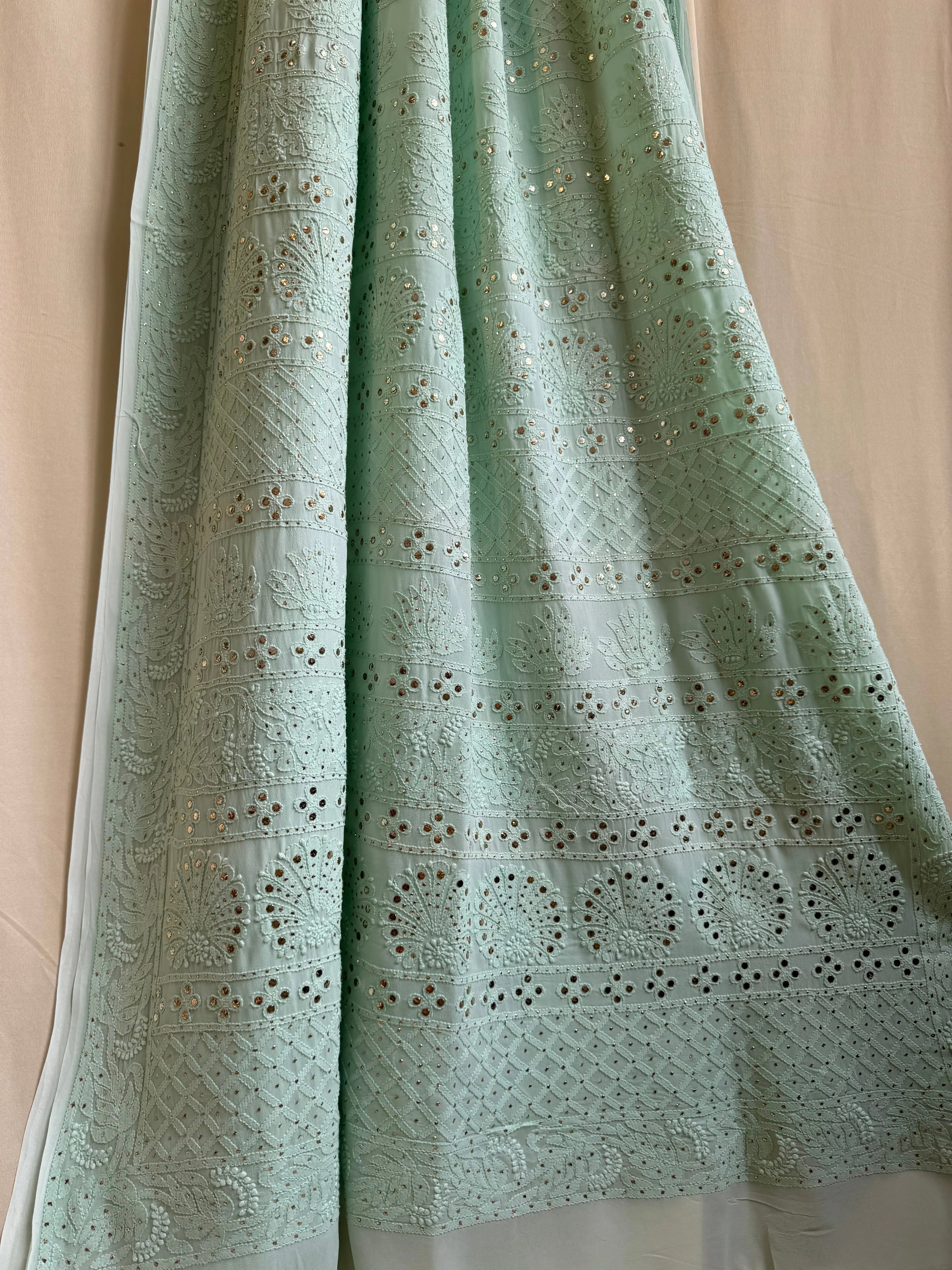 Viscose Green Chikankari saree with Mukaish Work - ARIAA CHIKANKARI