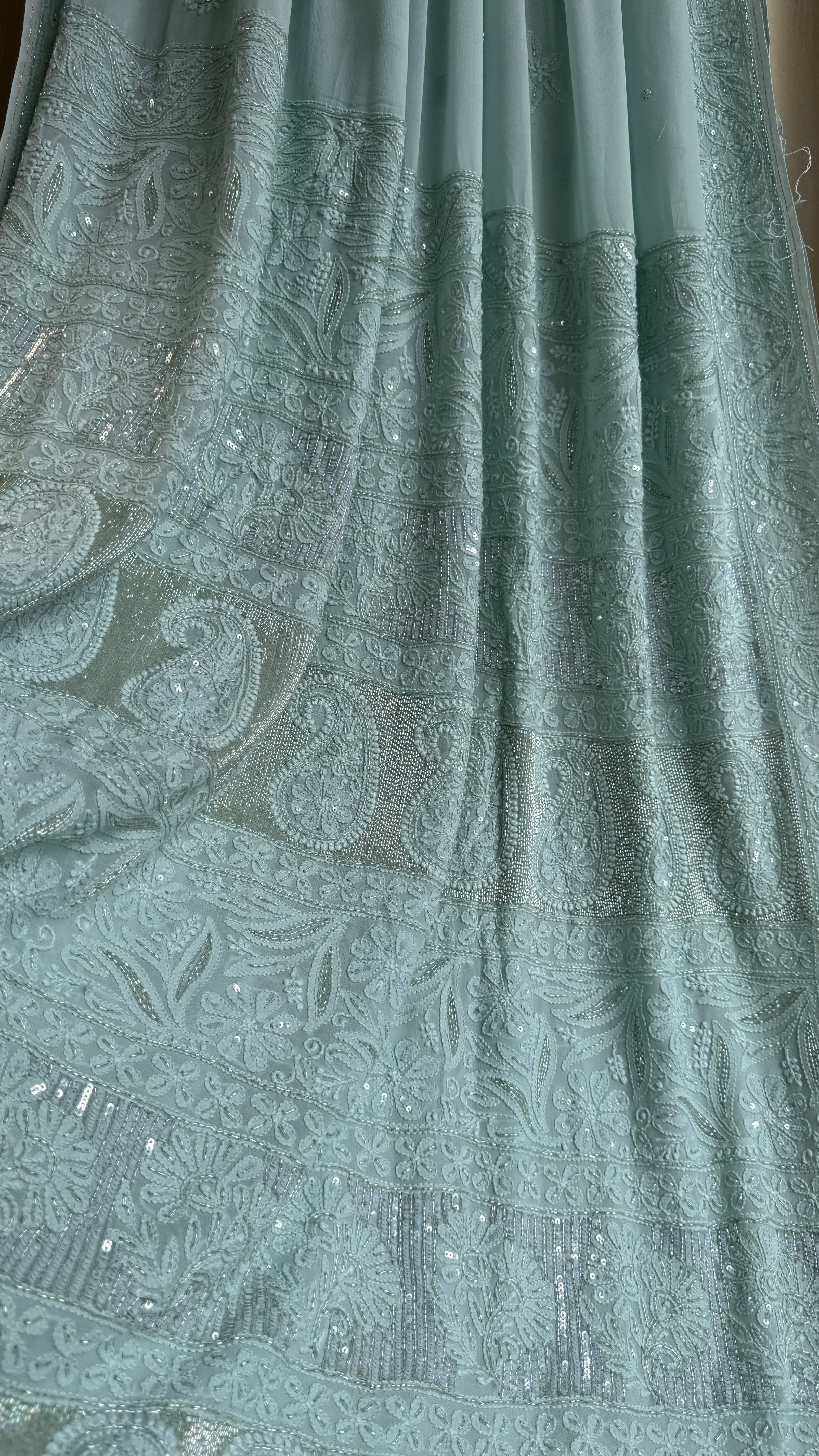 Viscose Chikankari saree with Pearl embellishments - Green