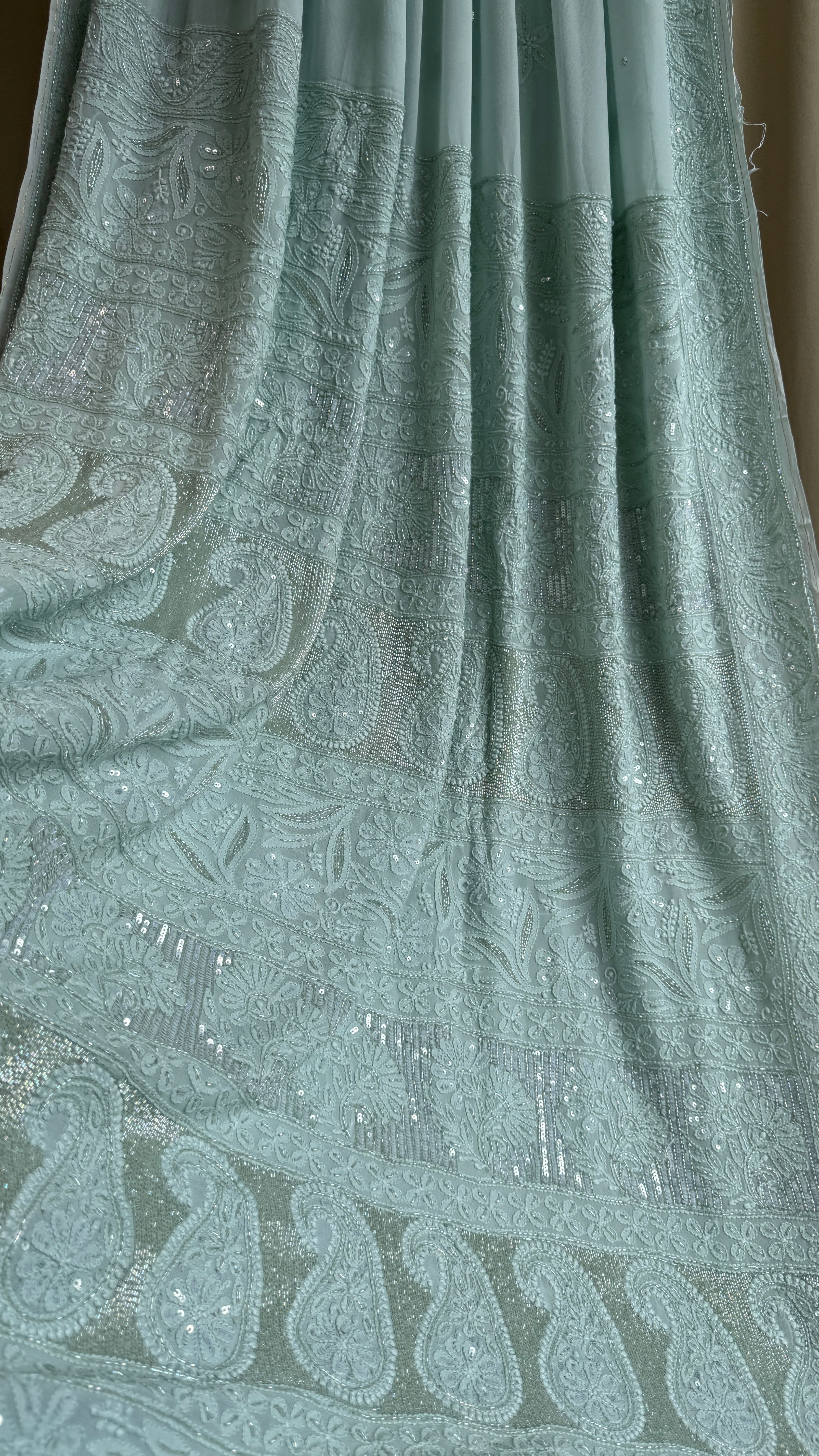 Viscose Chikankari saree with Pearl embellishments - Green