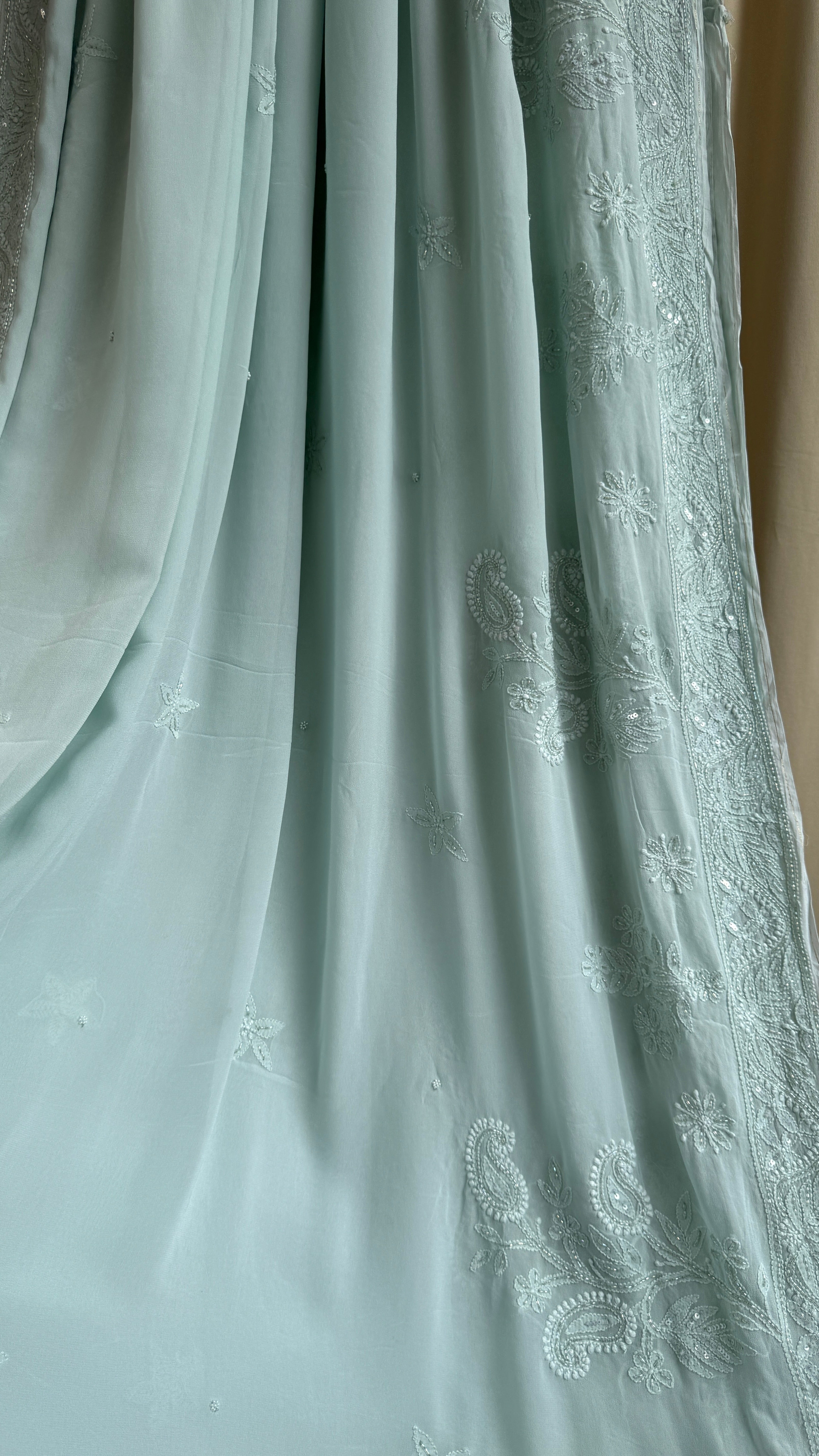 Viscose Chikankari saree with Pearl embellishments - Green