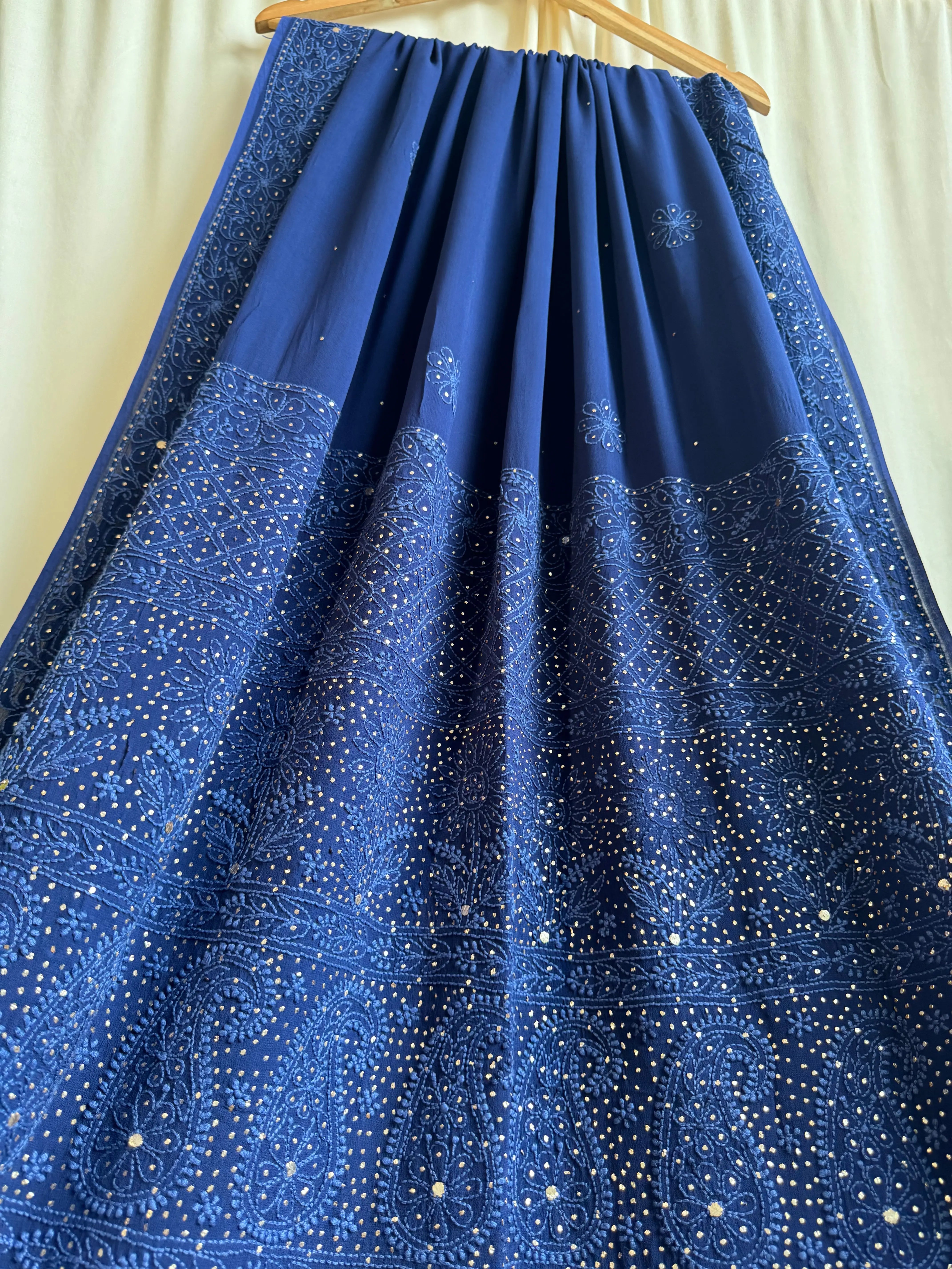 Viscose Dark Blue Chikankari saree with Mukaish Work ARIAA CHIKANKARI 