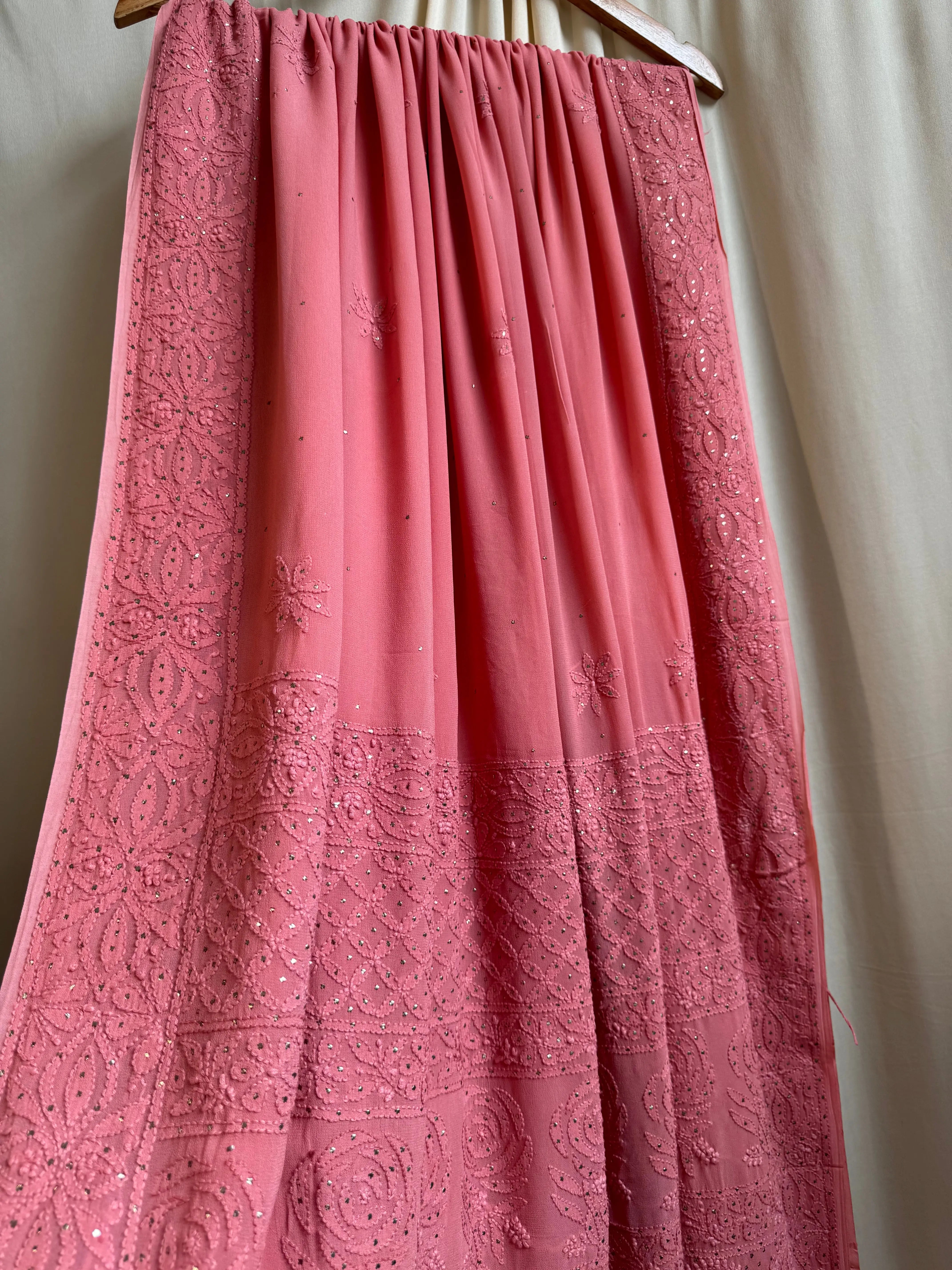 Viscose Rosewood Pink Chikankari saree with Mukaish Work - ARIAA CHIKANKARI