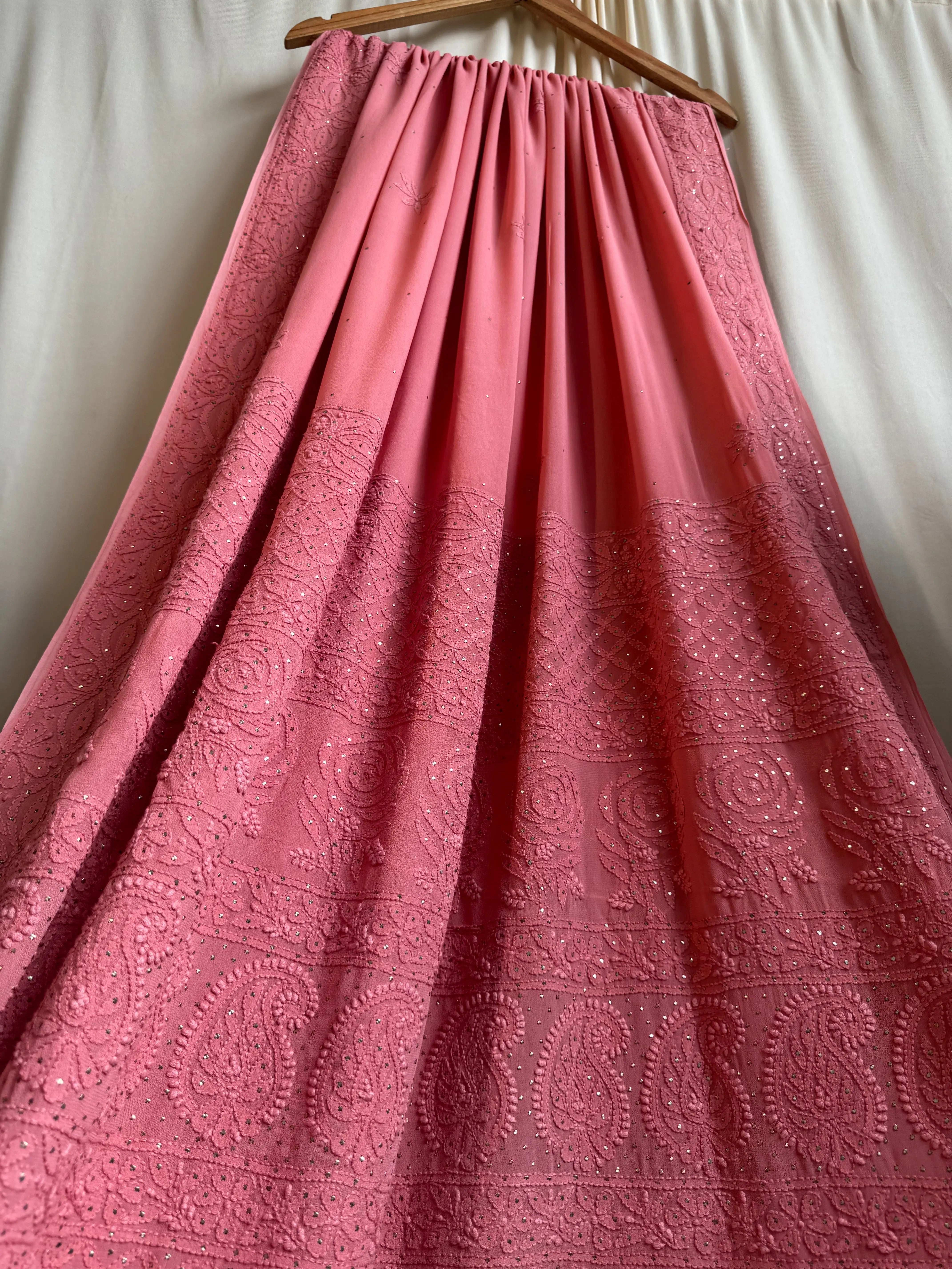 Viscose Rosewood Pink Chikankari saree with Mukaish Work - ARIAA CHIKANKARI