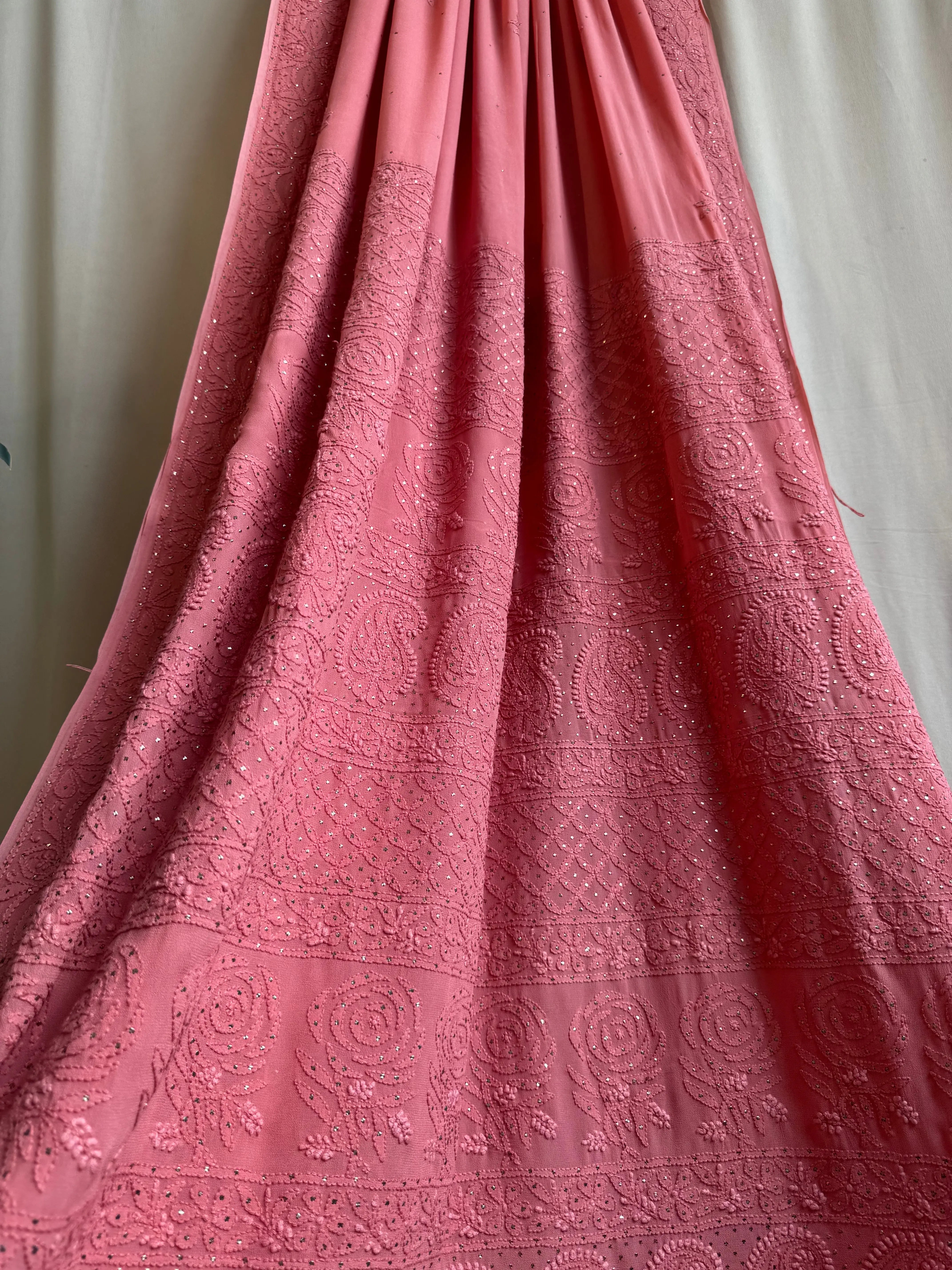 Viscose Rosewood Pink Chikankari saree with Mukaish Work - ARIAA CHIKANKARI