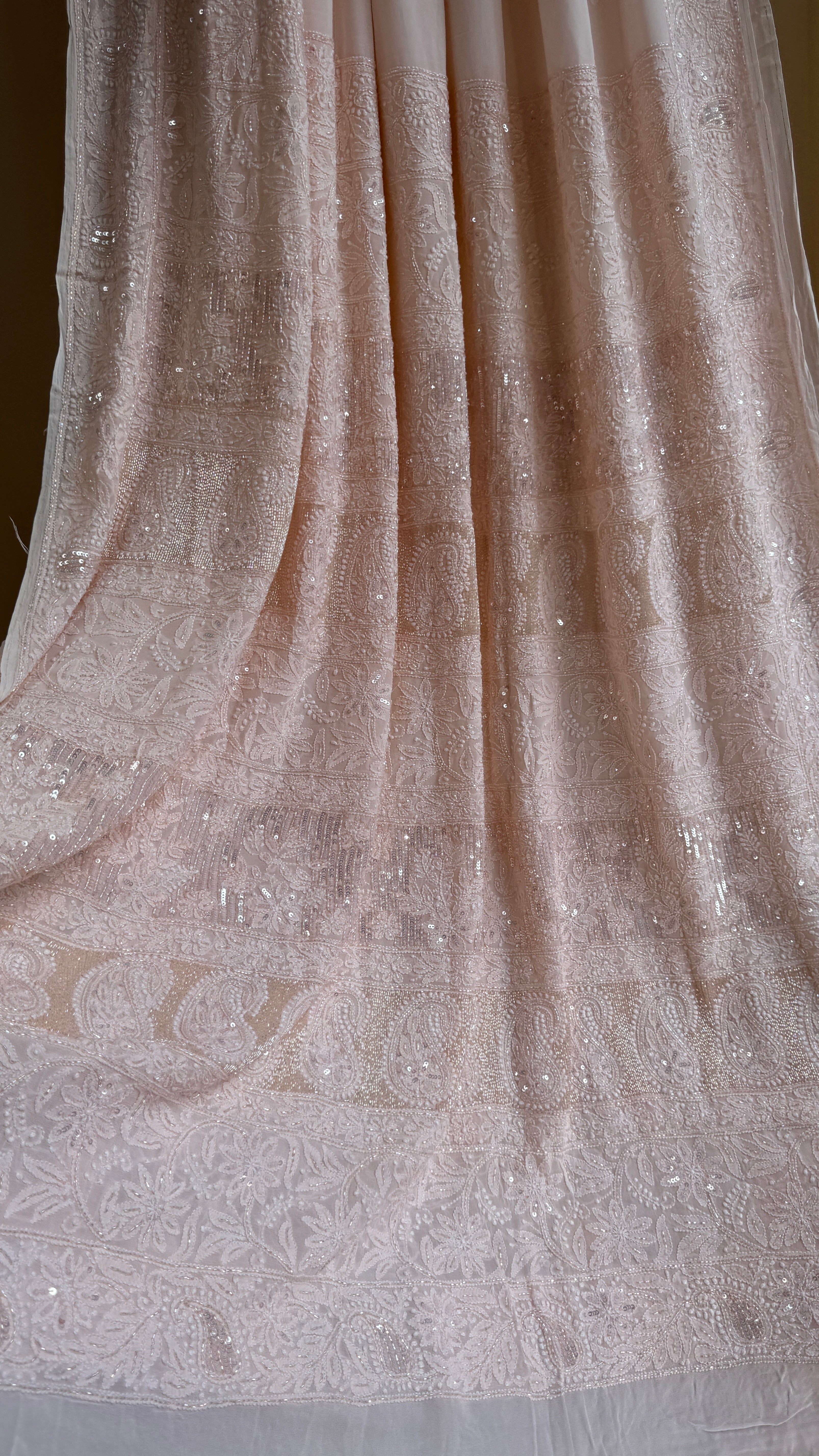 Viscose Chikankari saree with Pearl embellishments - Peach