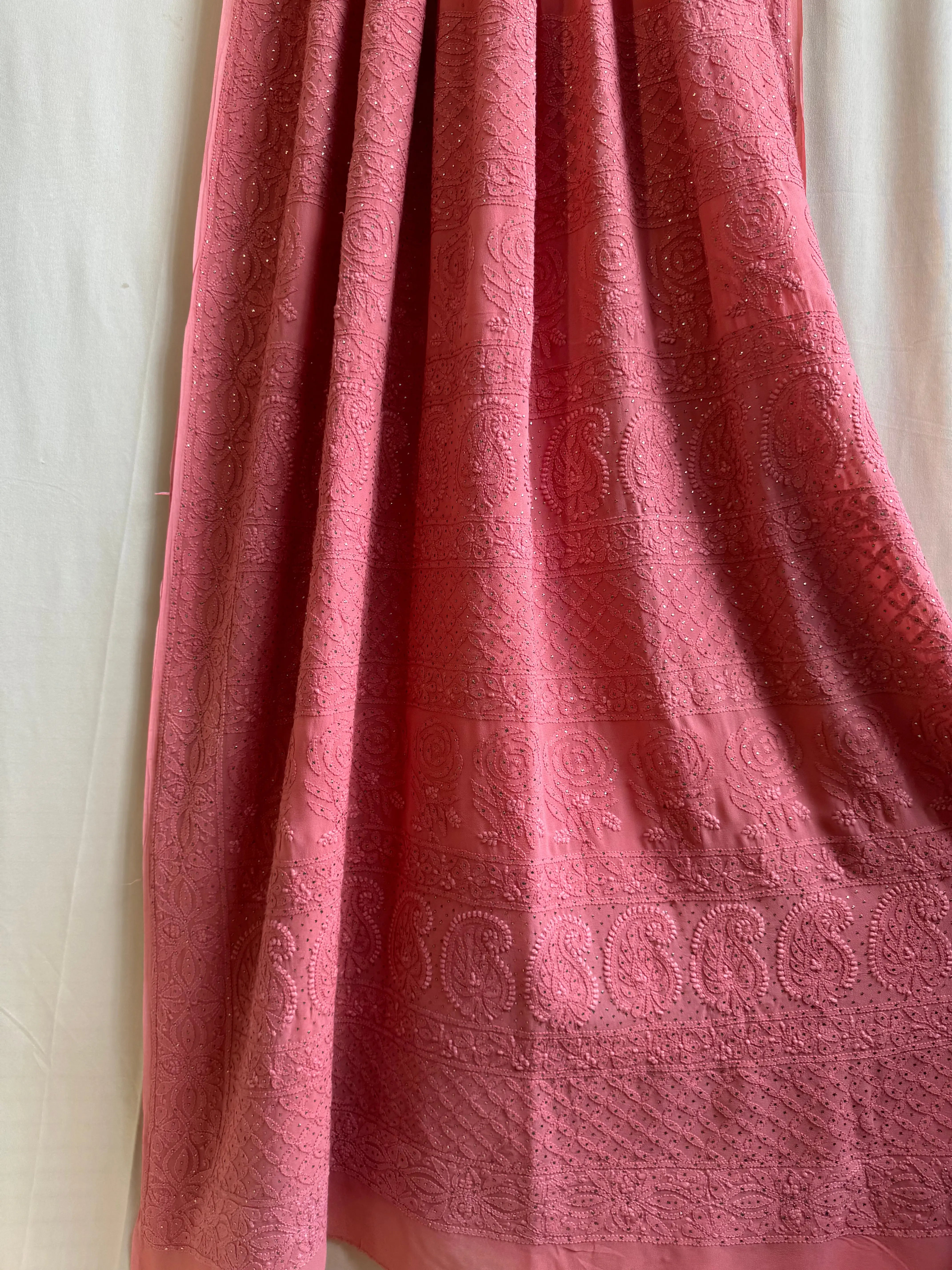 Viscose Rosewood Pink Chikankari saree with Mukaish Work - ARIAA CHIKANKARI