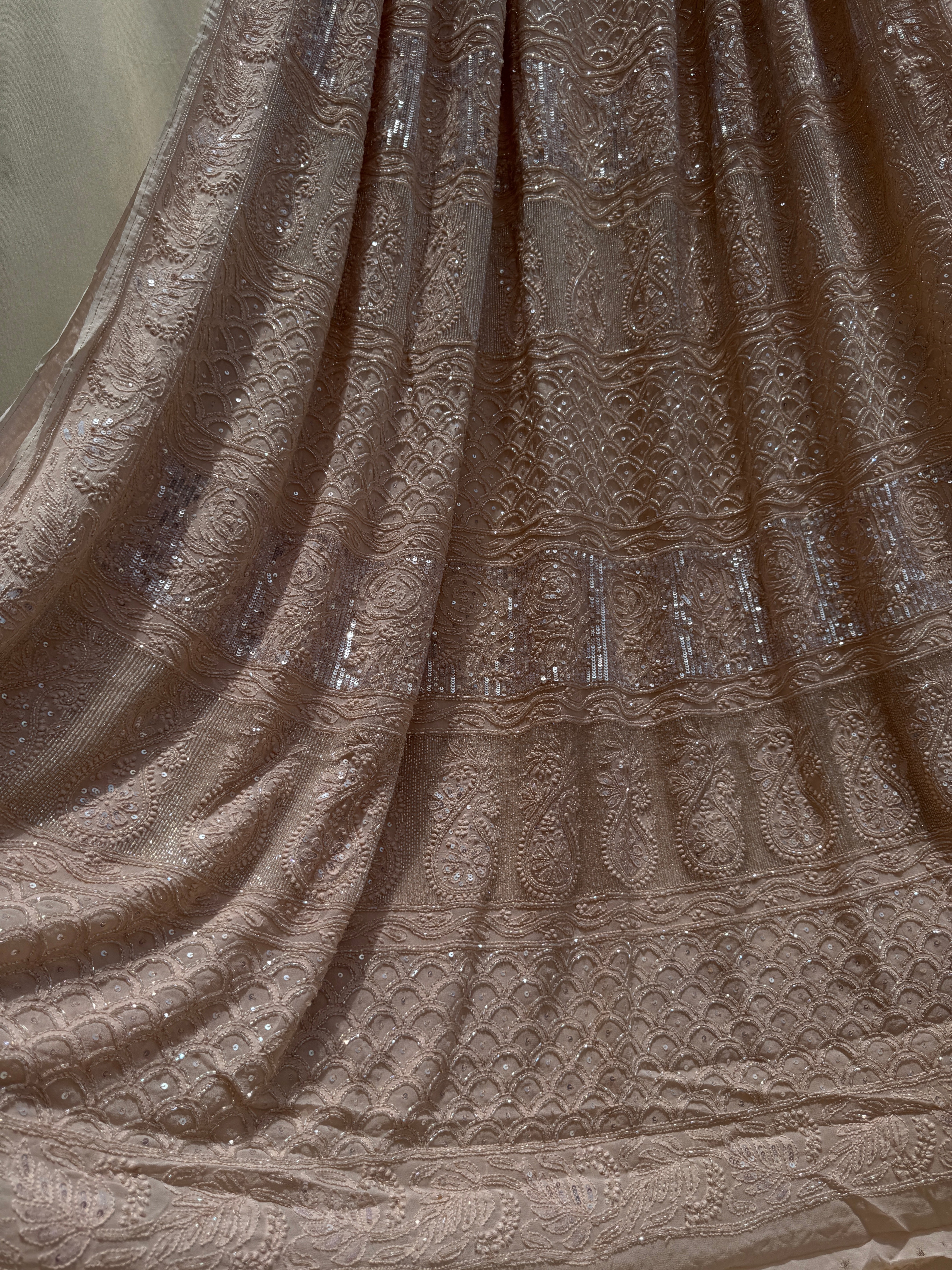Viscose Nude Beige Chikankari saree with Pearl embellishments ARIAA CHIKANKARI 