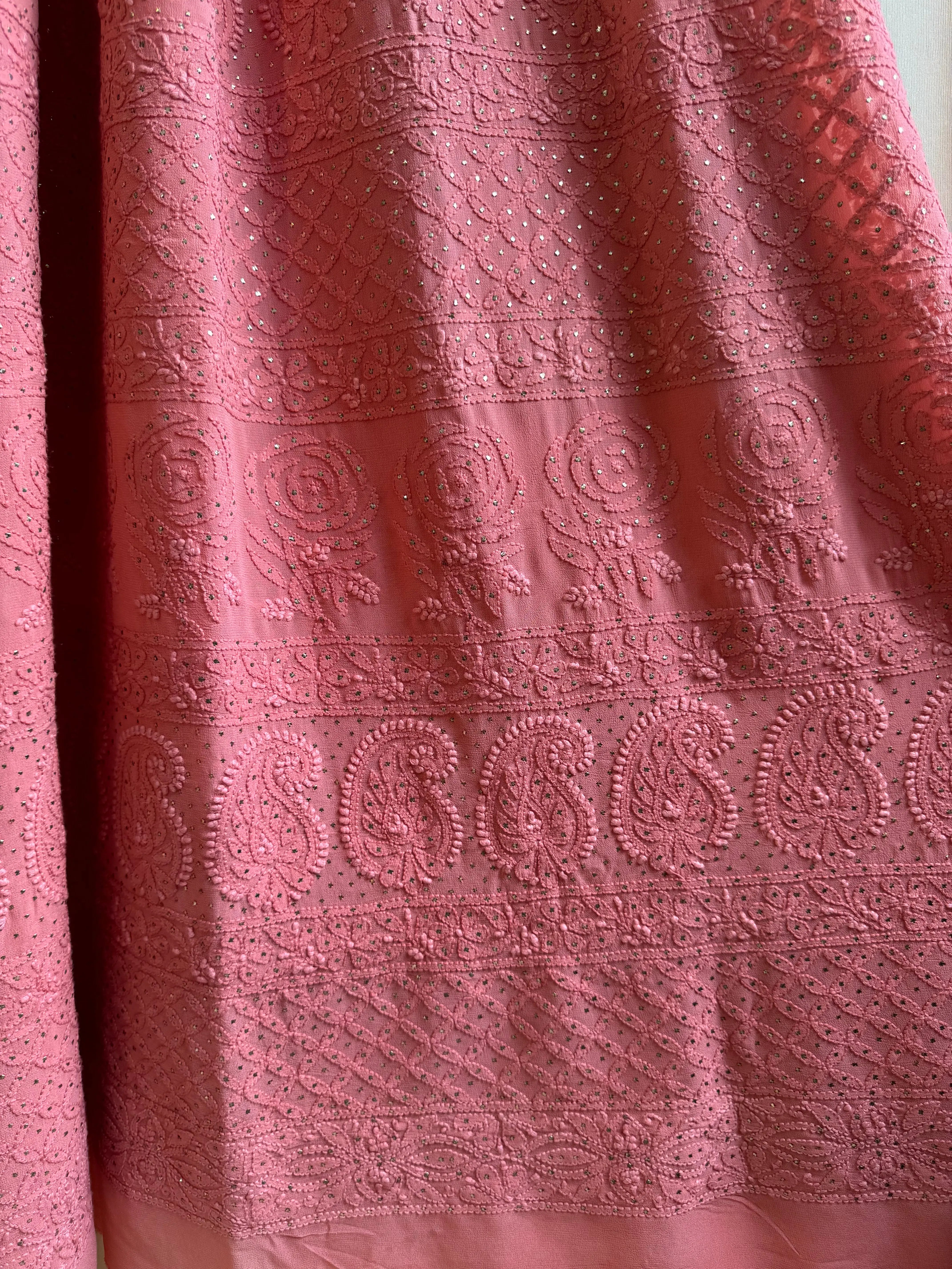 Viscose Rosewood Pink Chikankari saree with Mukaish Work - ARIAA CHIKANKARI