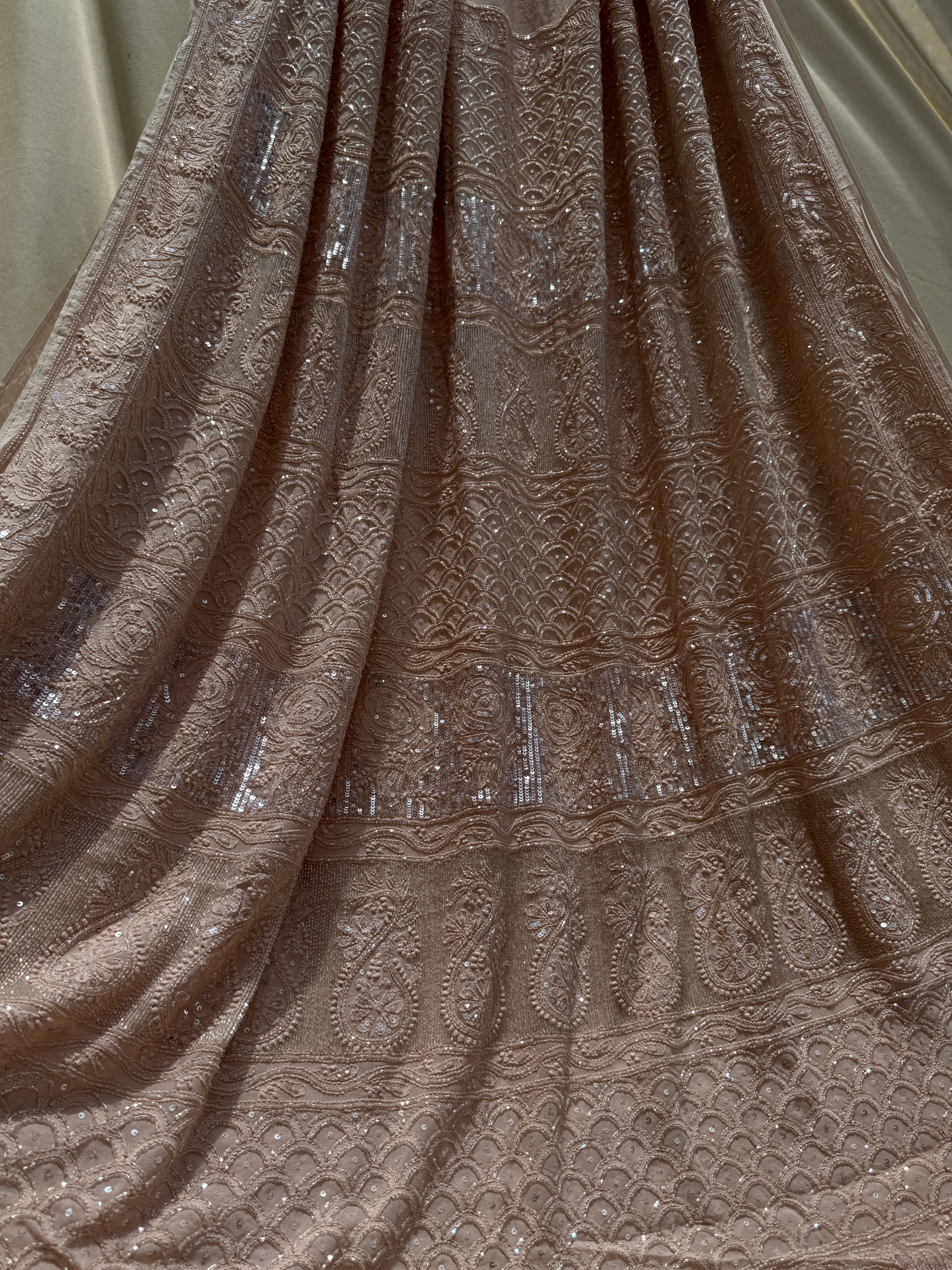 Viscose Nude Beige Chikankari saree with Pearl embellishments ARIAA CHIKANKARI 