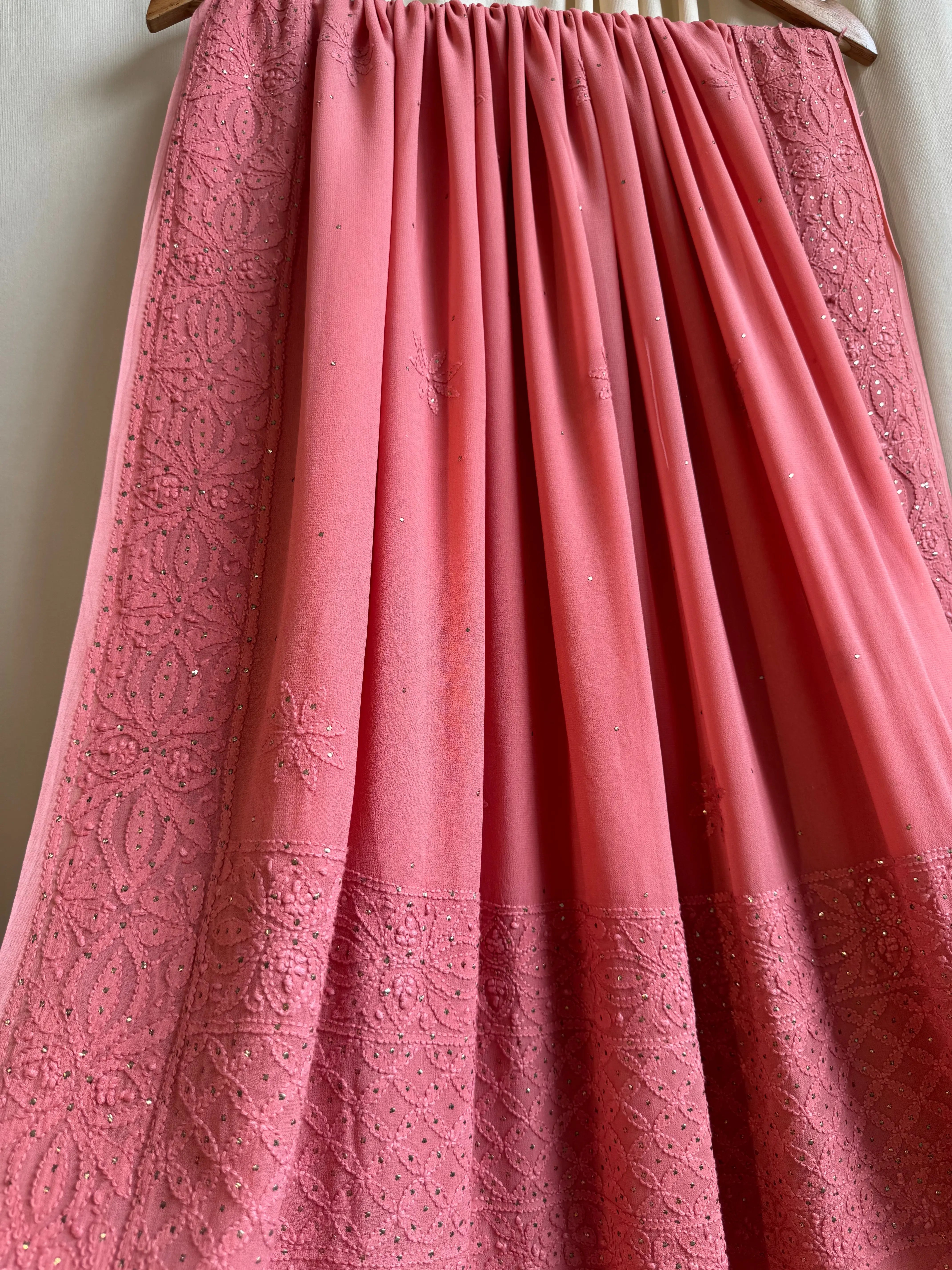 Viscose Rosewood Pink Chikankari saree with Mukaish Work - ARIAA CHIKANKARI