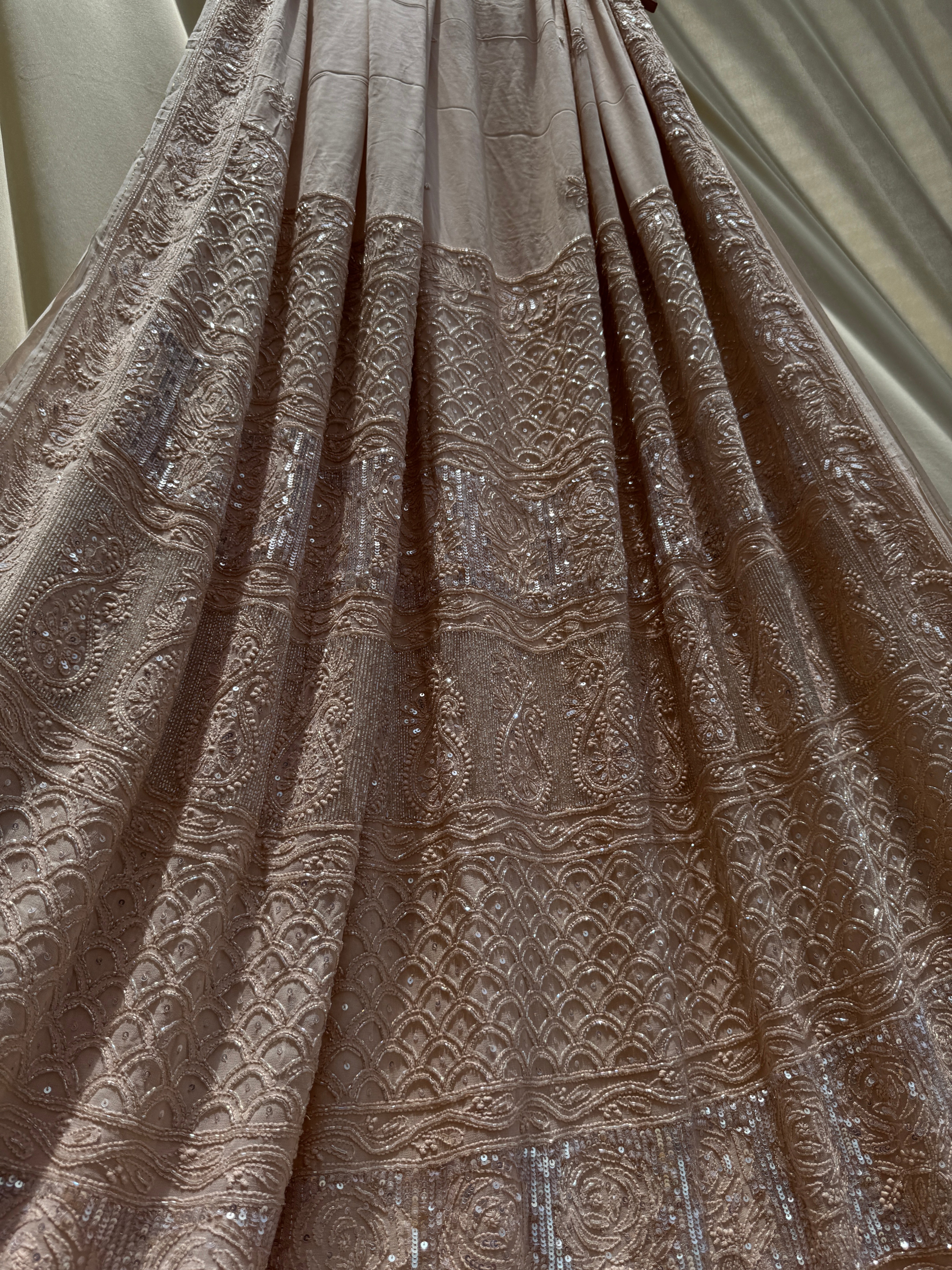 Viscose Nude Beige Chikankari saree with Pearl embellishments ARIAA CHIKANKARI 