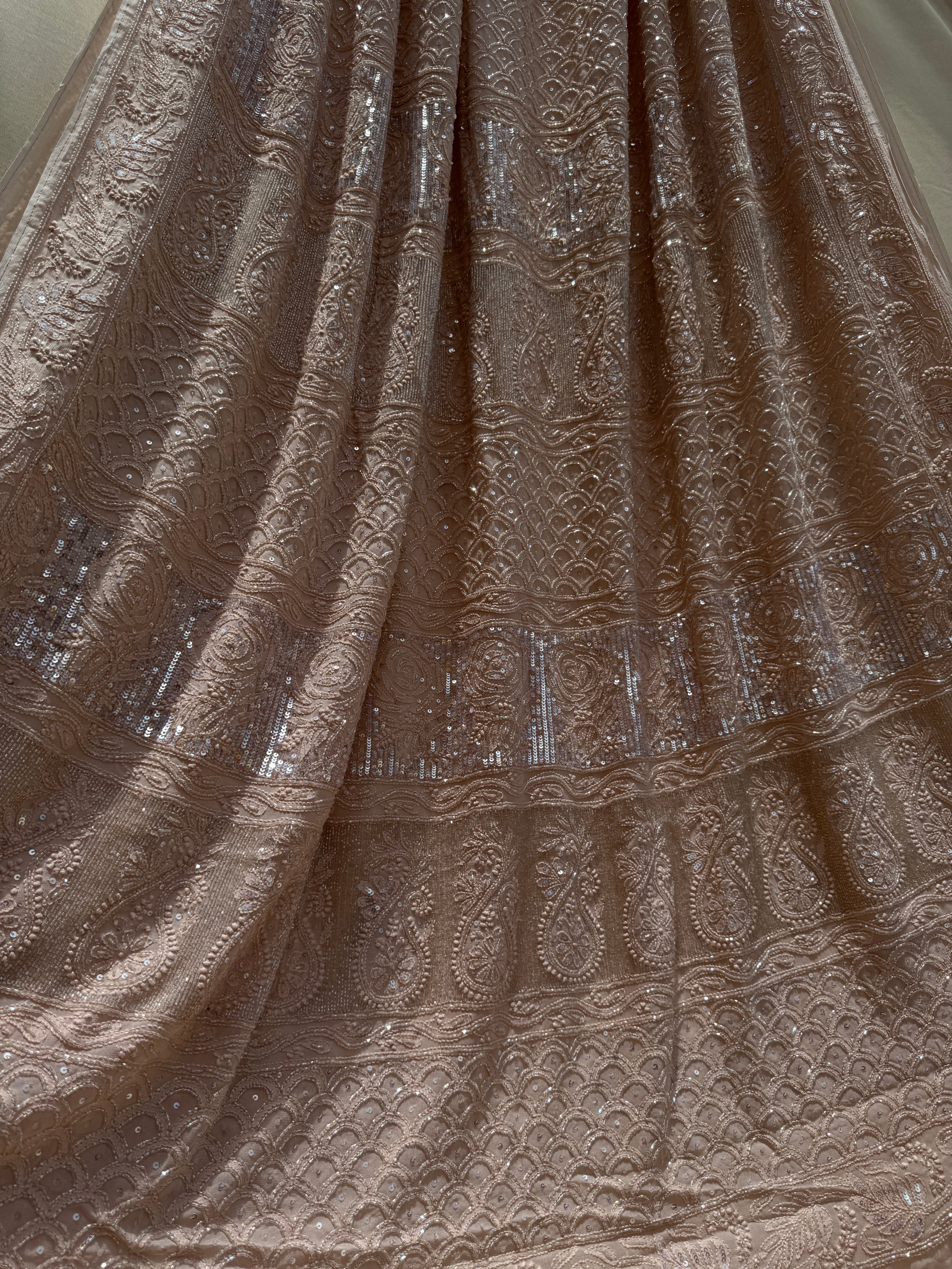 Viscose Nude Beige Chikankari saree with Pearl embellishments ARIAA CHIKANKARI 