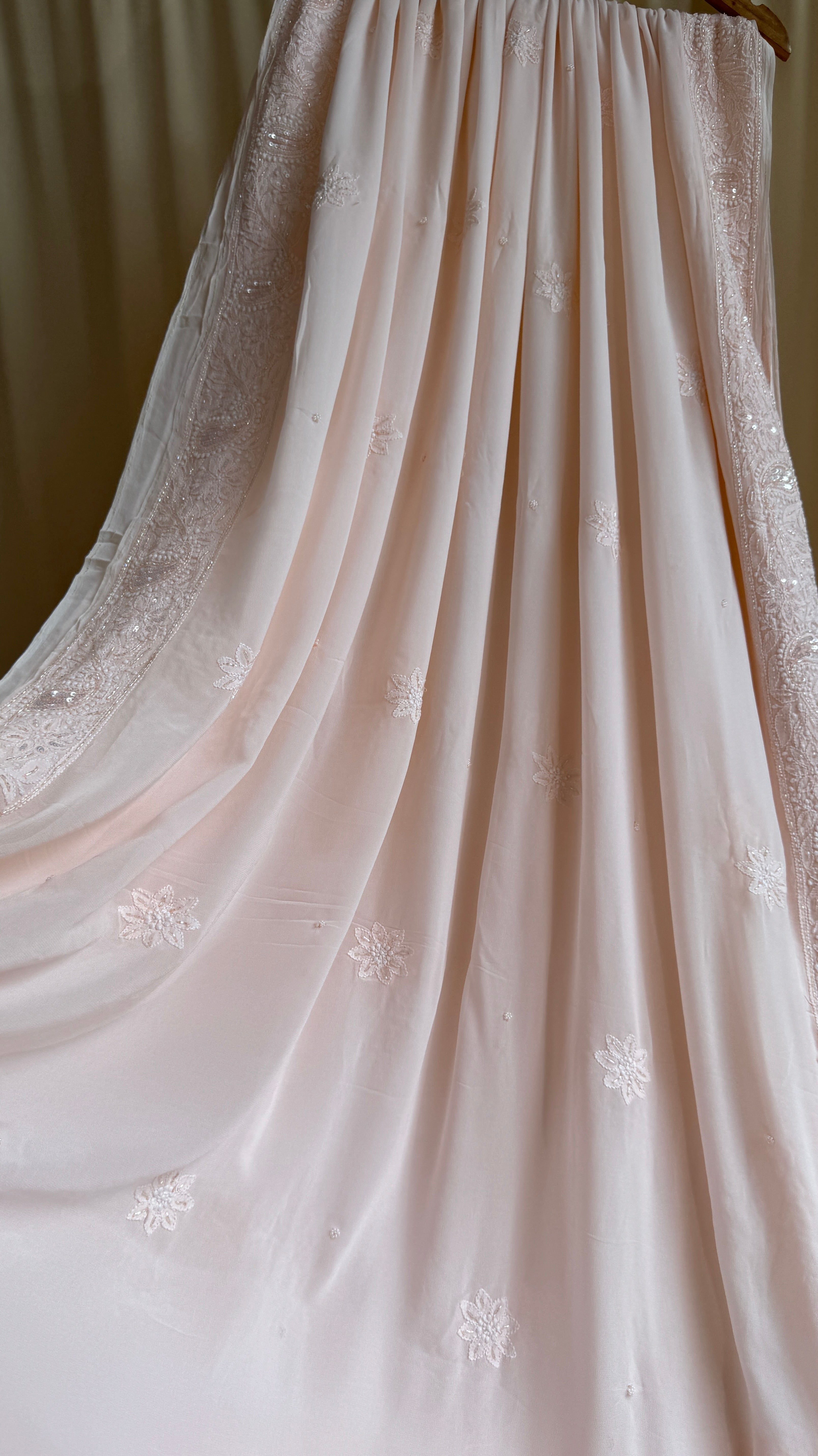 Viscose Chikankari saree with Pearl embellishments - Peach