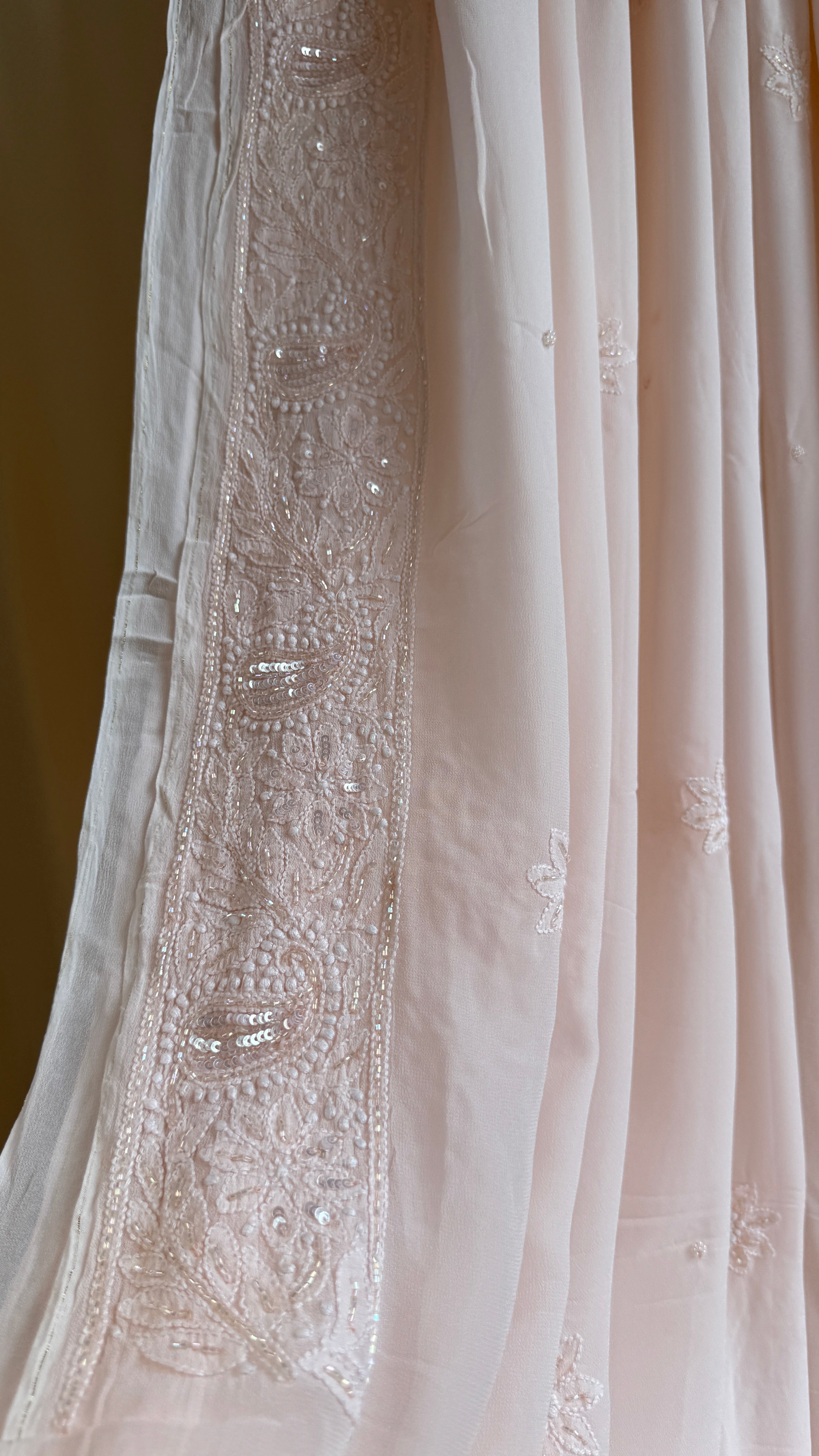 Viscose Chikankari saree with Pearl embellishments - Peach