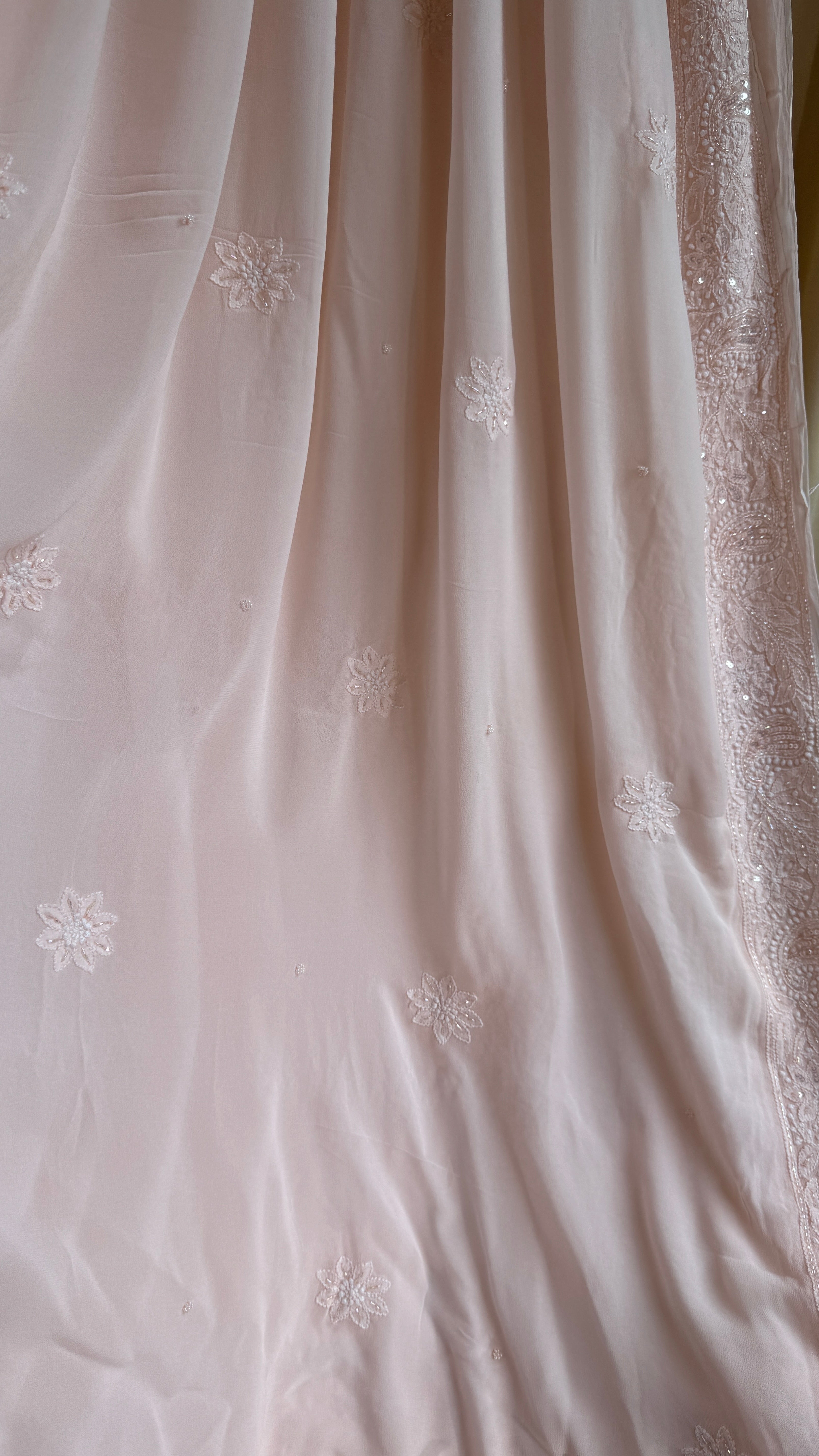 Viscose Chikankari saree with Pearl embellishments - Peach