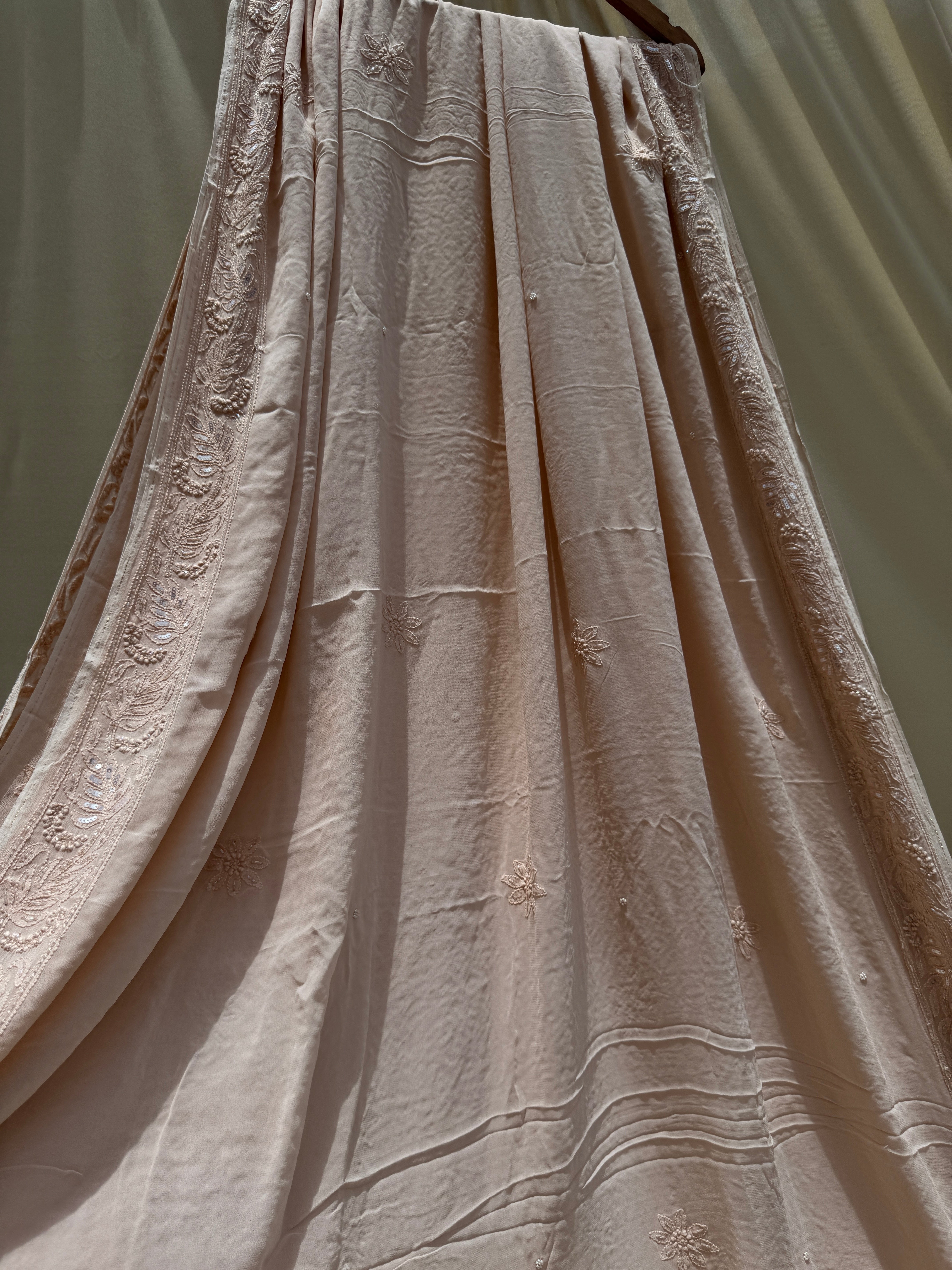 Viscose Nude Beige Chikankari saree with Pearl embellishments ARIAA CHIKANKARI 