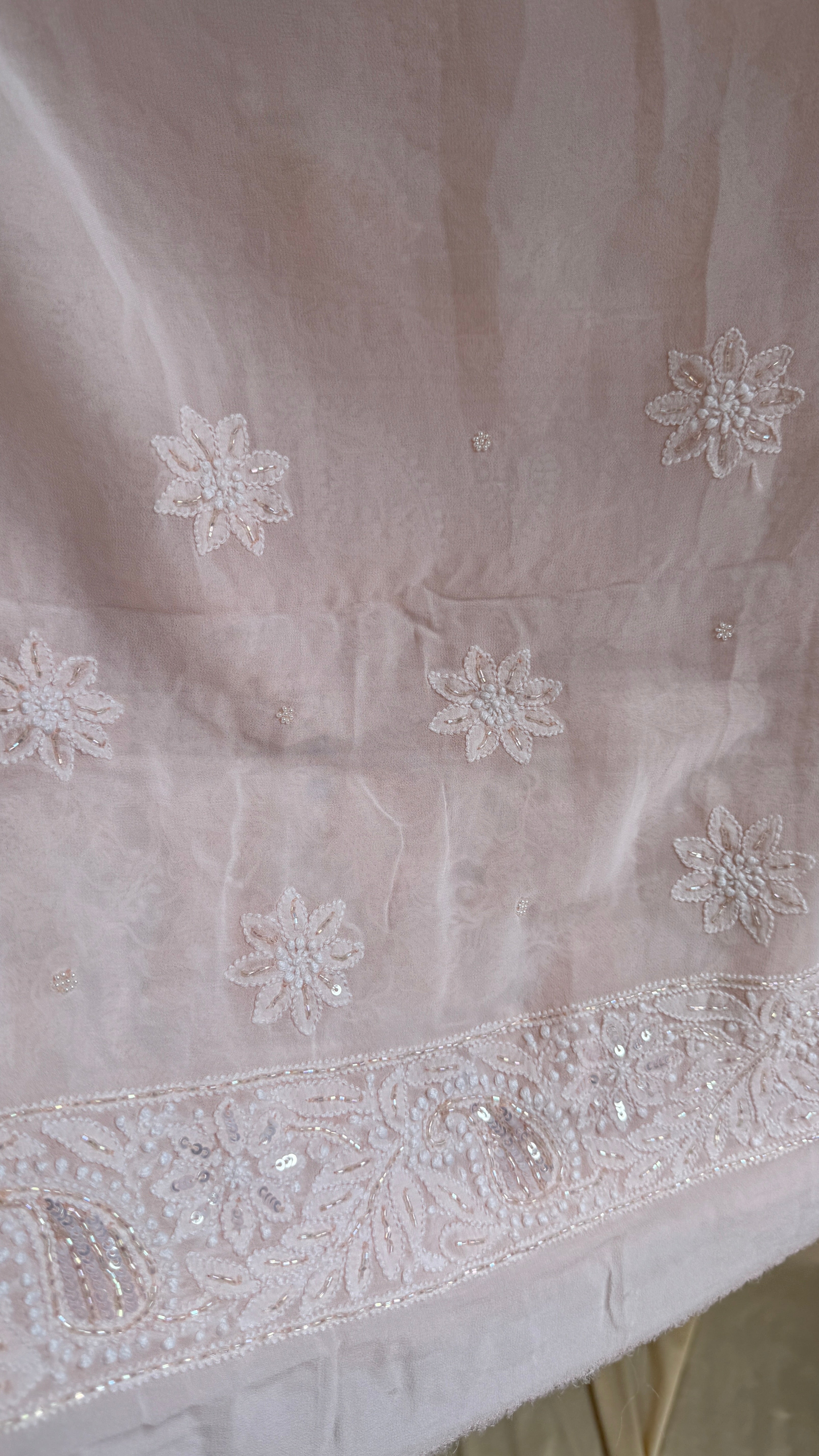 Viscose Chikankari saree with Pearl embellishments - Peach