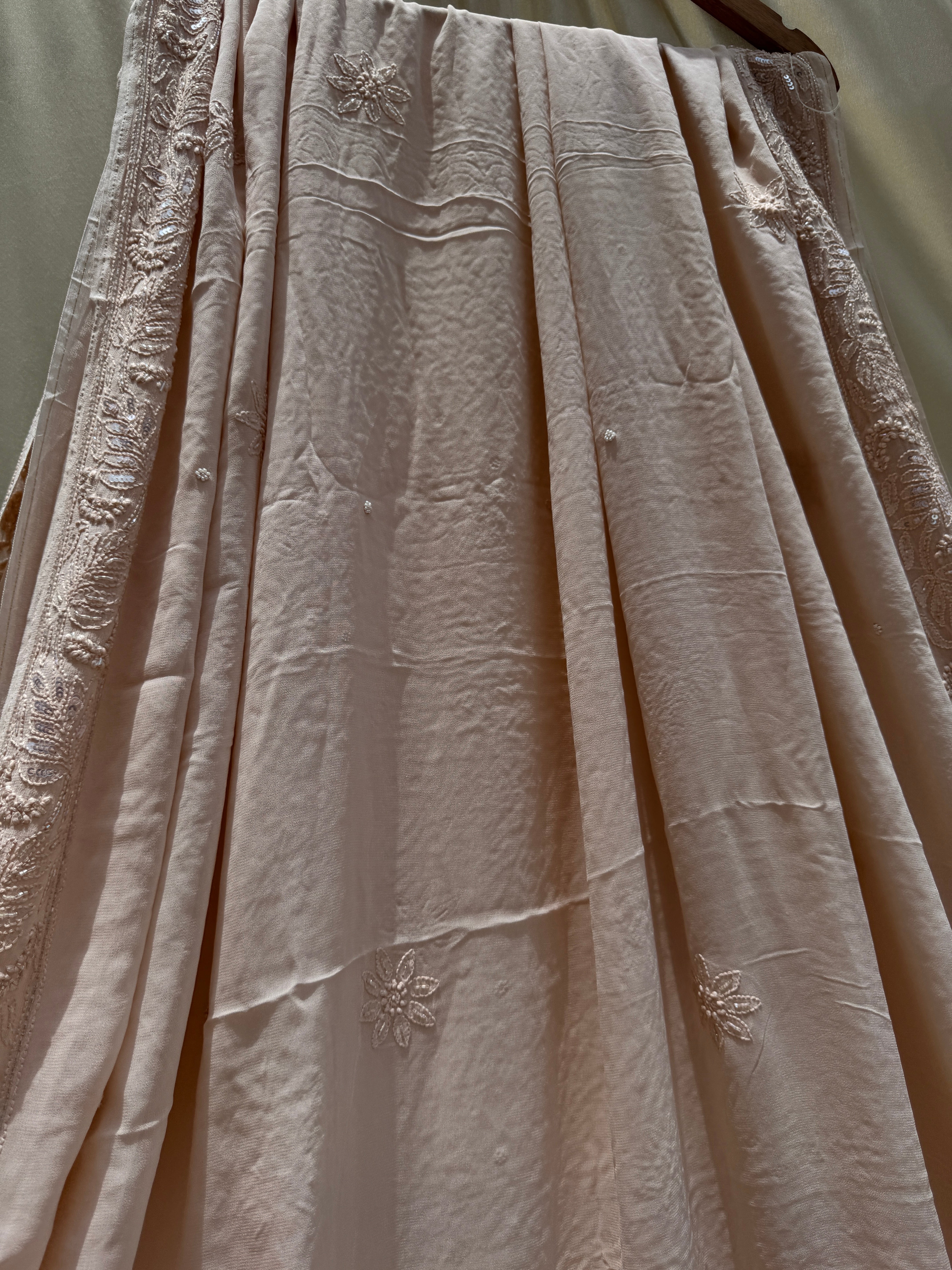 Viscose Nude Beige Chikankari saree with Pearl embellishments ARIAA CHIKANKARI 