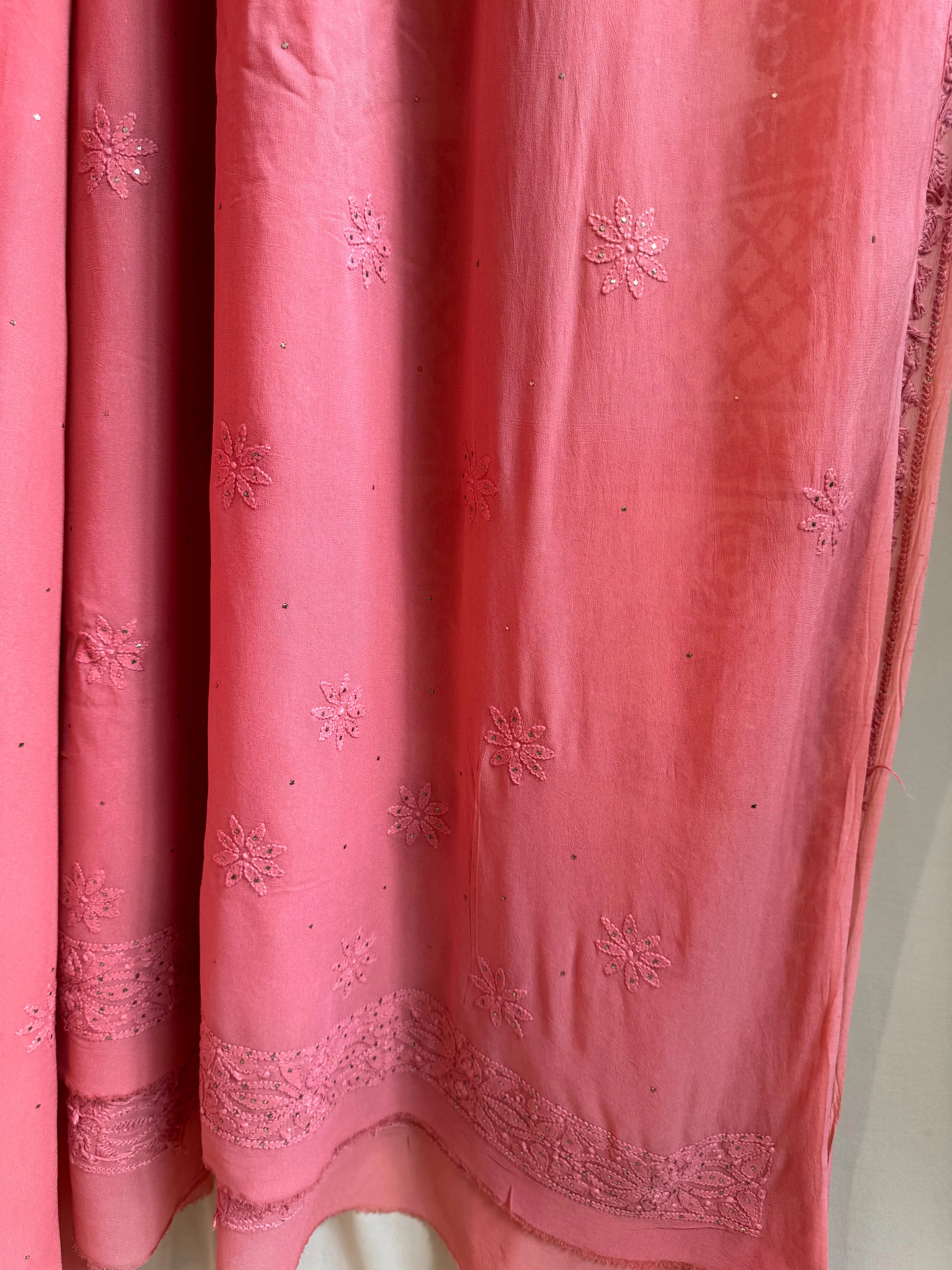 Viscose Rosewood Pink Chikankari saree with Mukaish Work - ARIAA CHIKANKARI