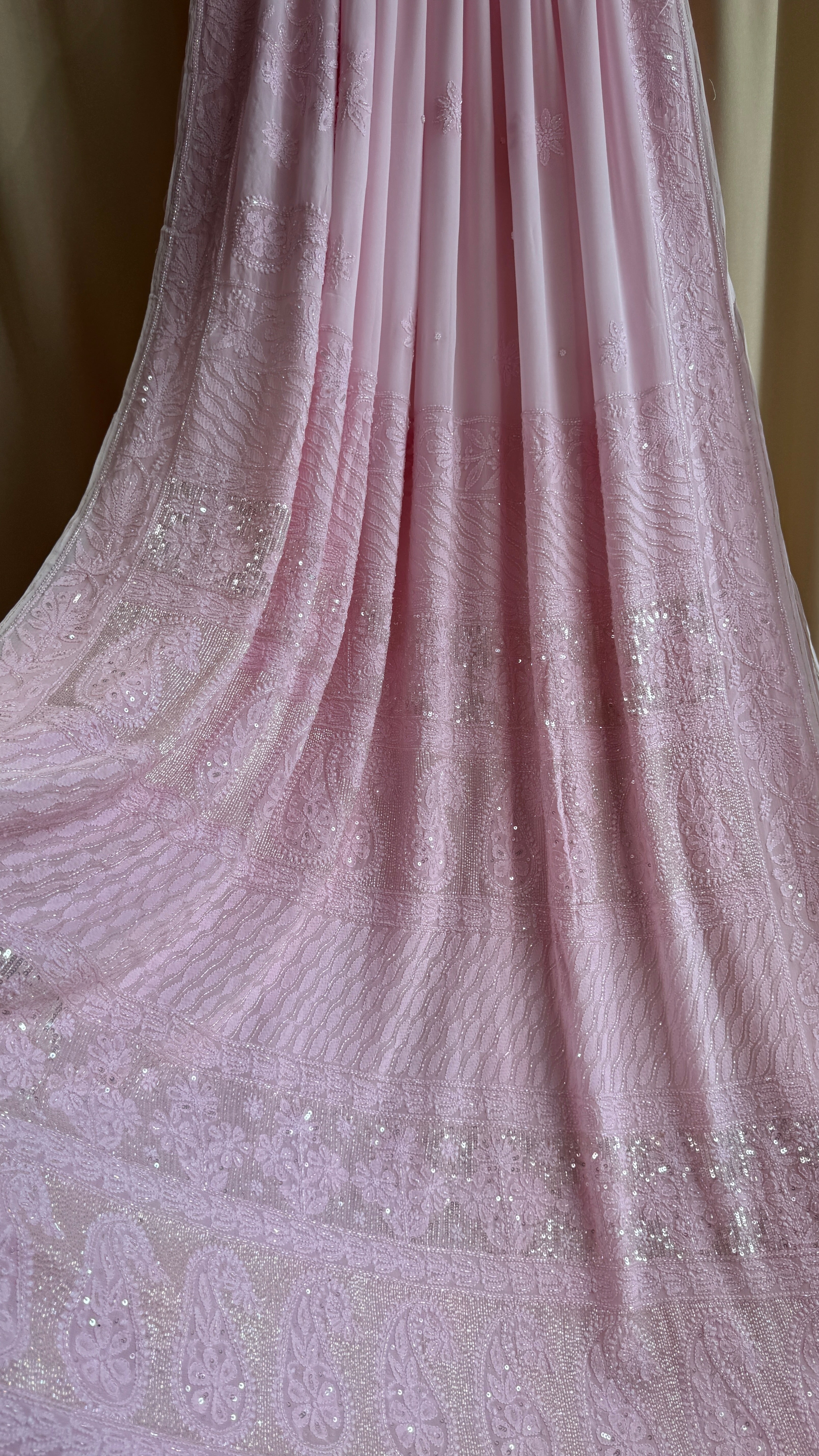 Viscose Chikankari saree with Pearl embellishments - Pink