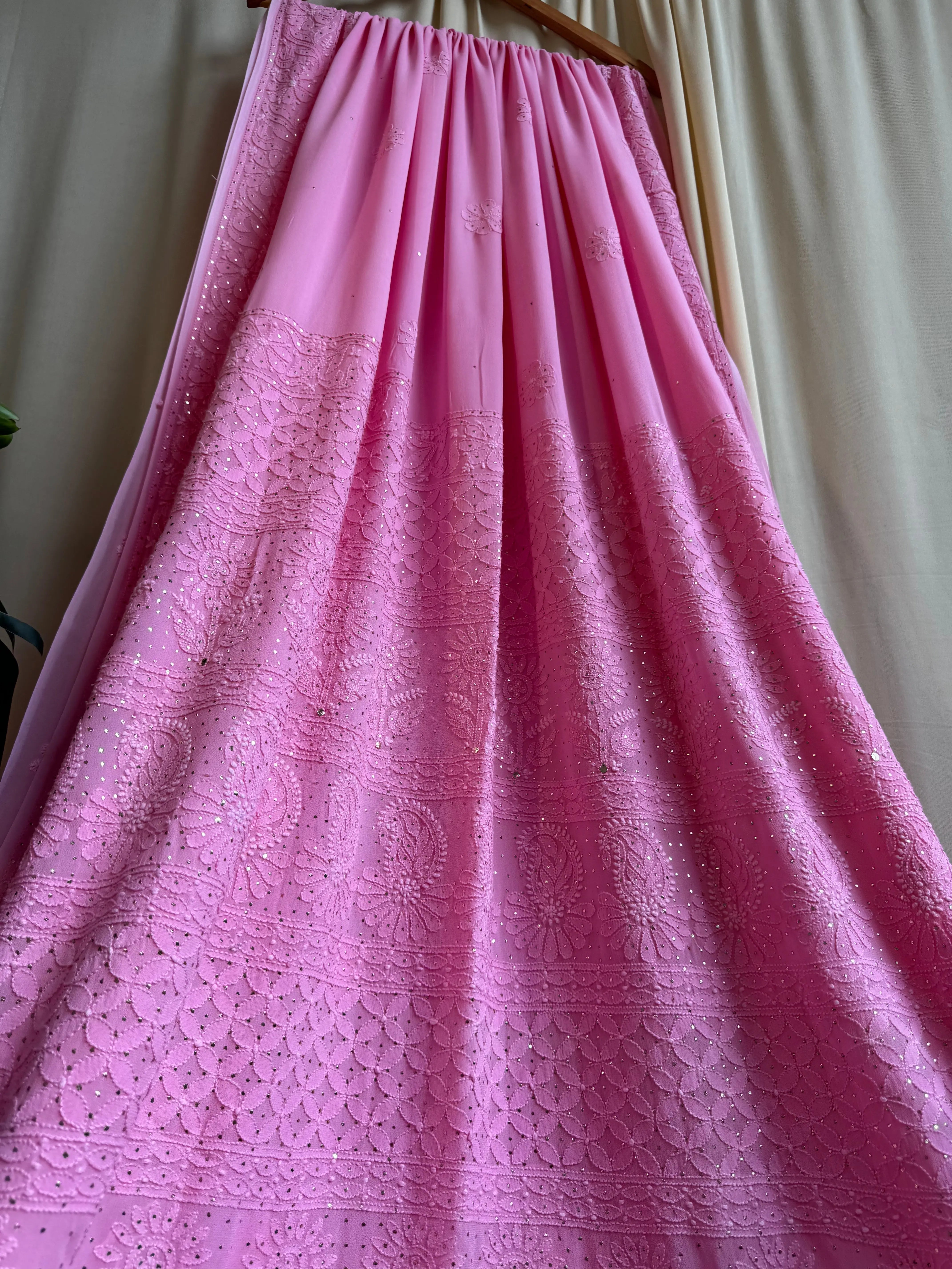 Viscose Dark Pink Chikankari saree with Mukaish Work - ARIAA CHIKANKARI