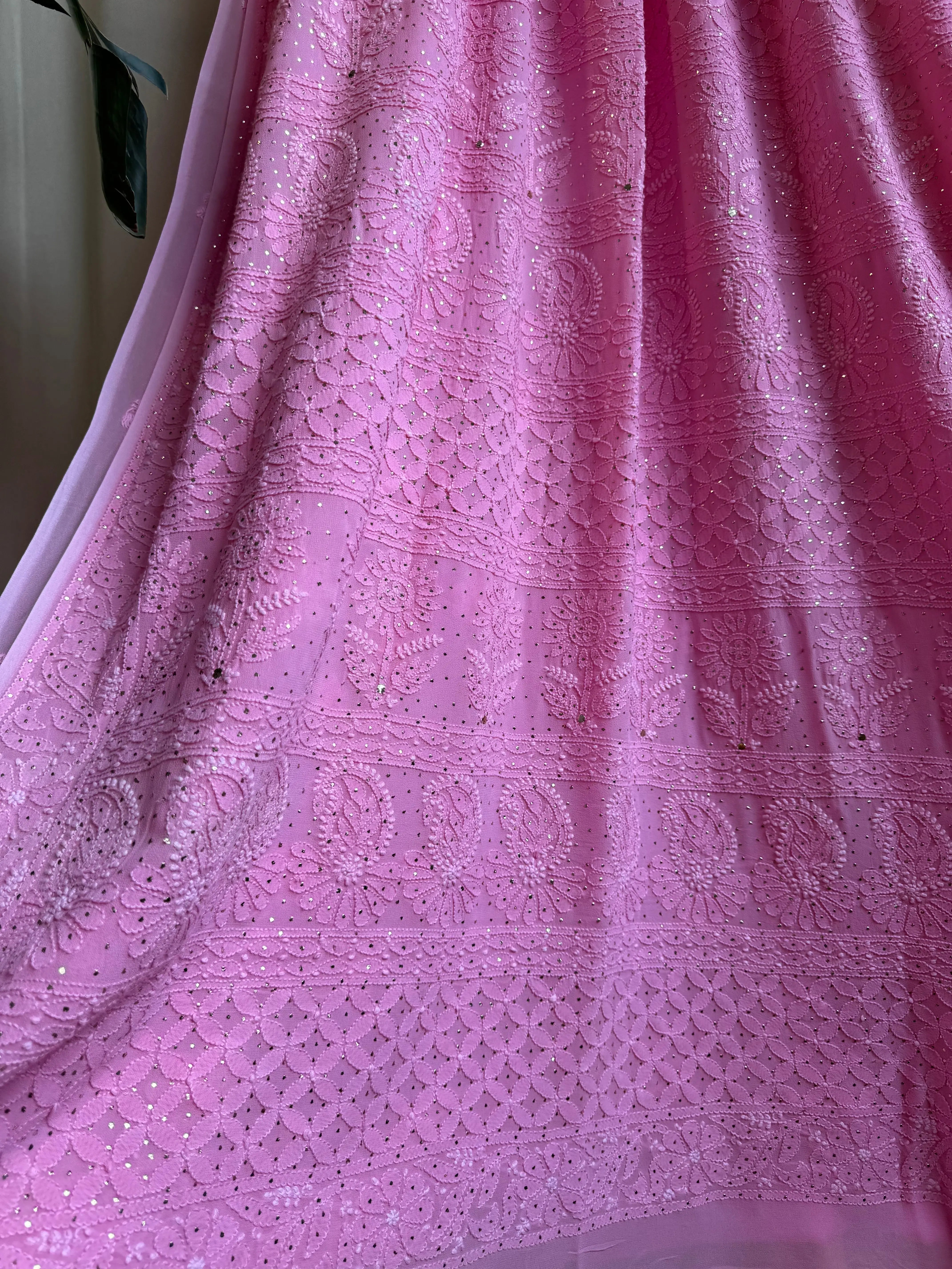 Viscose Dark Pink Chikankari saree with Mukaish Work - ARIAA CHIKANKARI