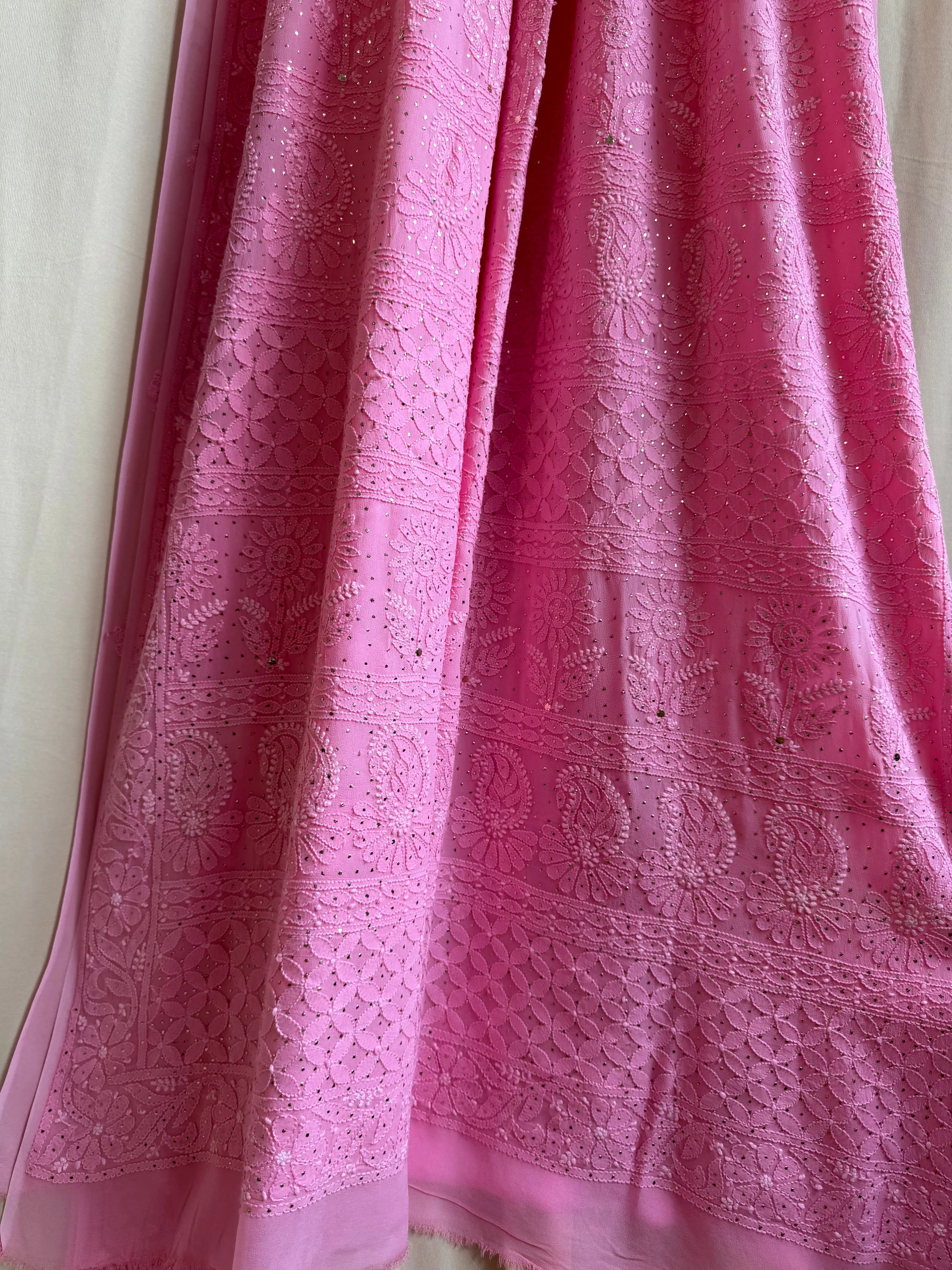 Viscose Dark Pink Chikankari saree with Mukaish Work - ARIAA CHIKANKARI