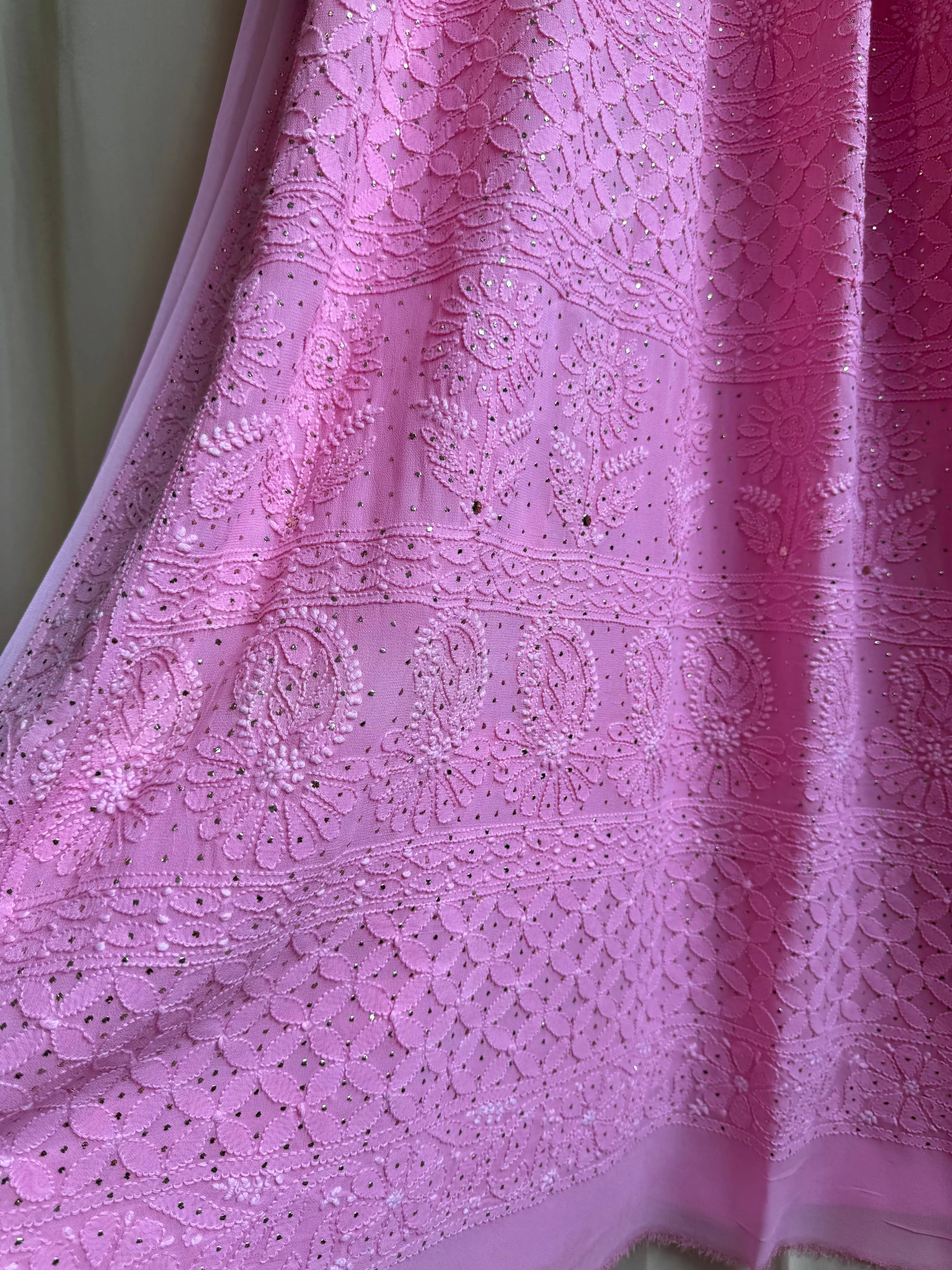 Viscose Dark Pink Chikankari saree with Mukaish Work - ARIAA CHIKANKARI