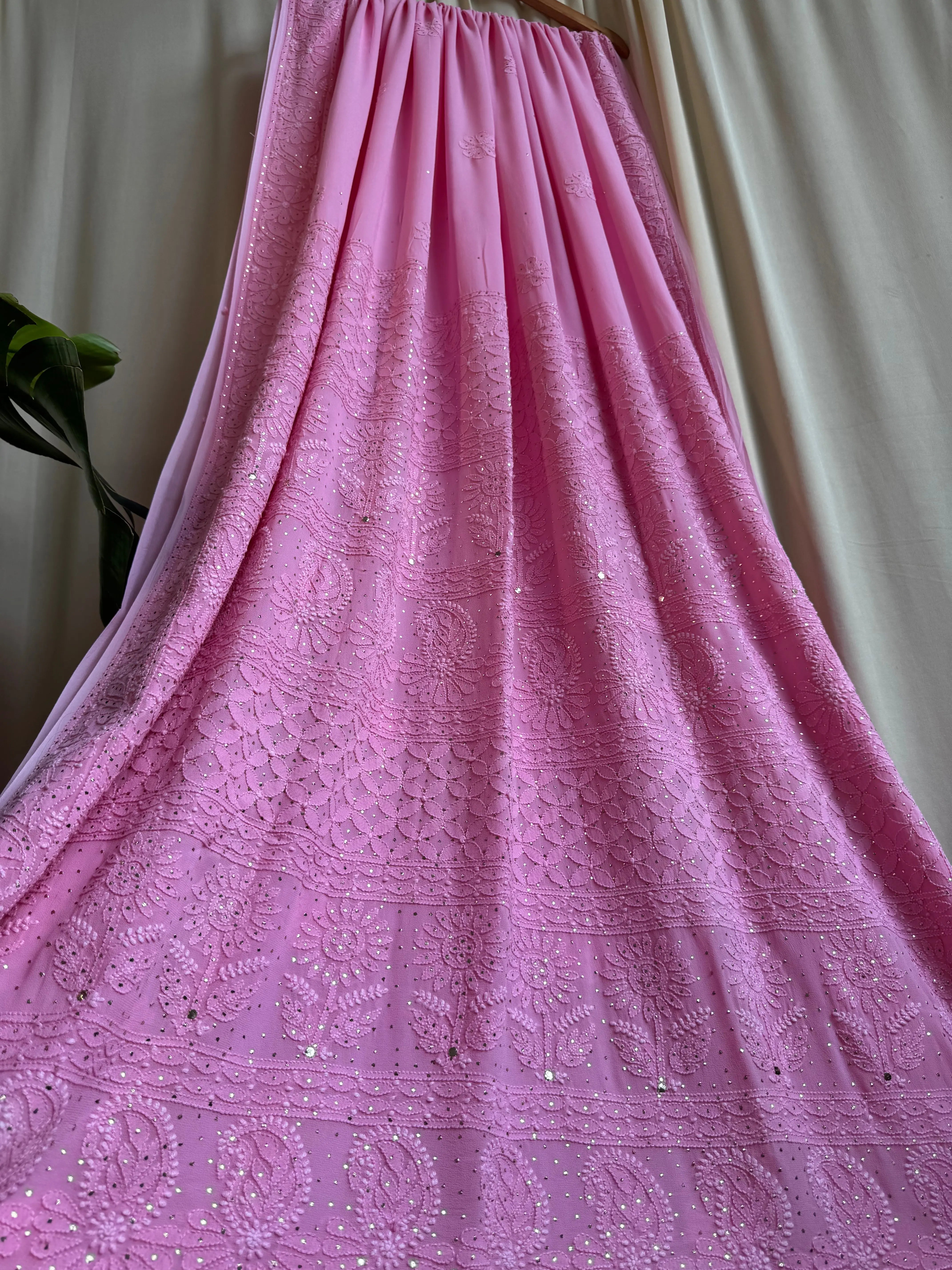 Viscose Dark Pink Chikankari saree with Mukaish Work - ARIAA CHIKANKARI