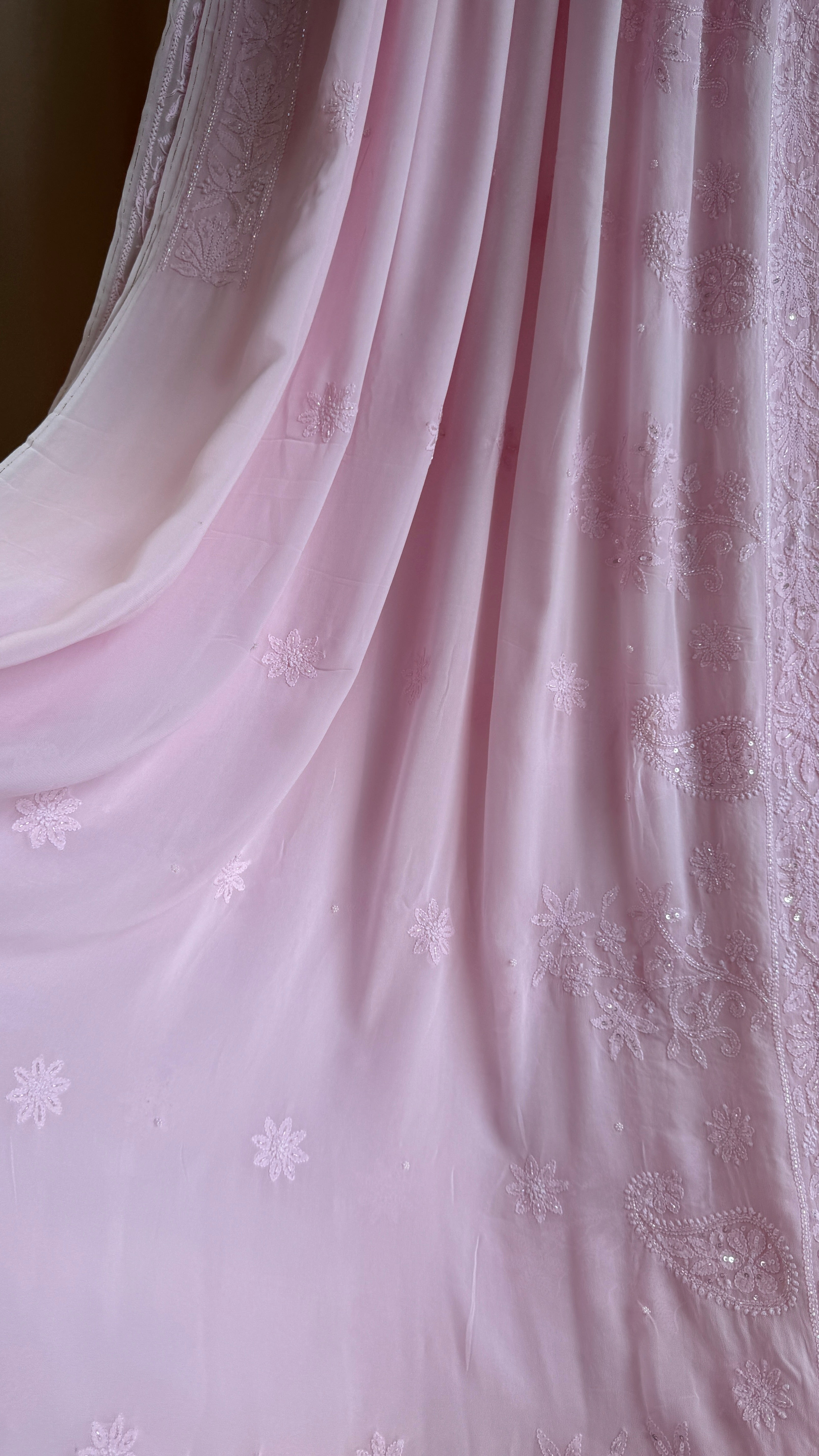 Viscose Chikankari saree with Pearl embellishments - Pink