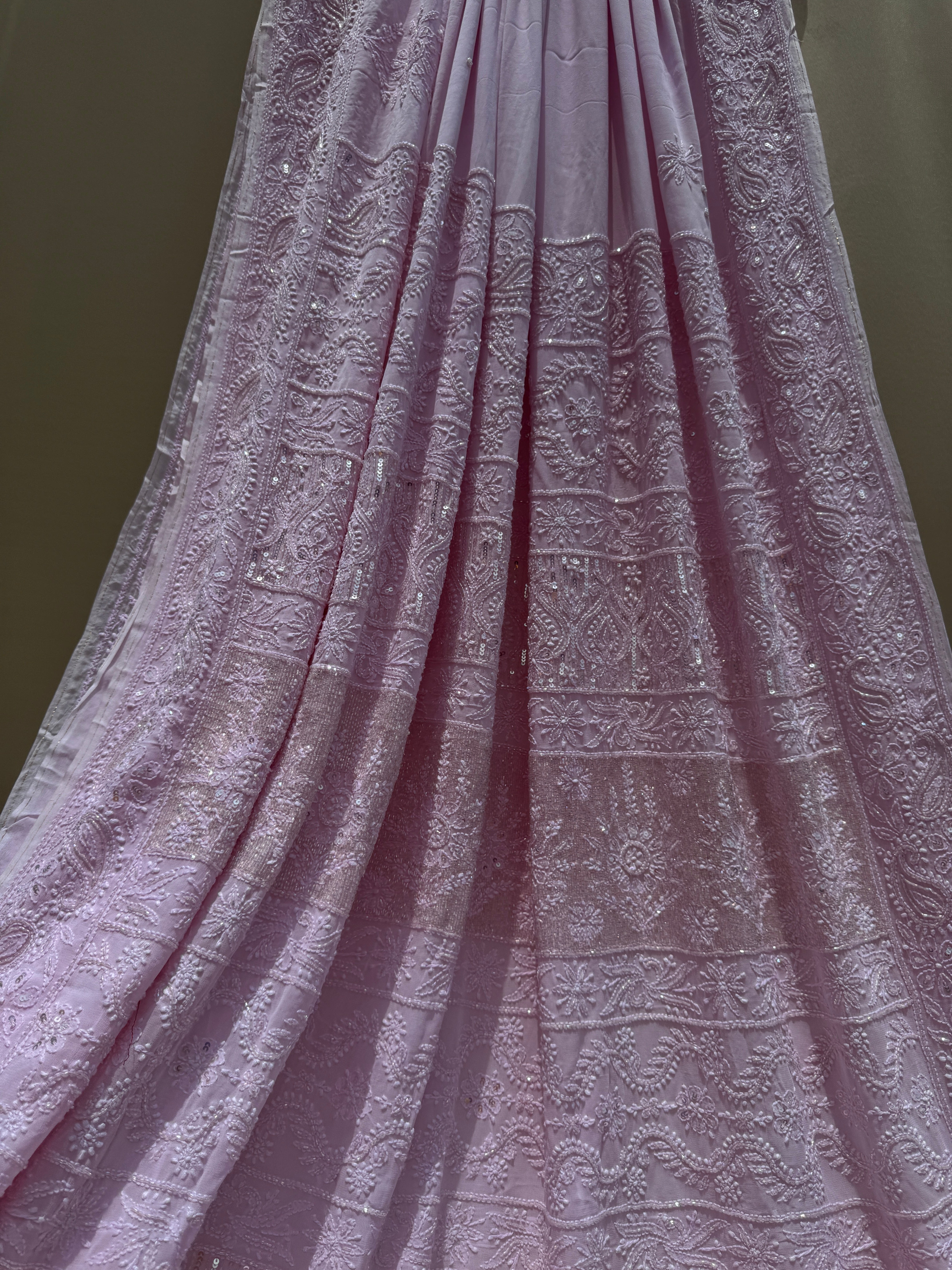 Viscose Pink Chikankari saree with Pearl embellishments ARIAA CHIKANKARI 