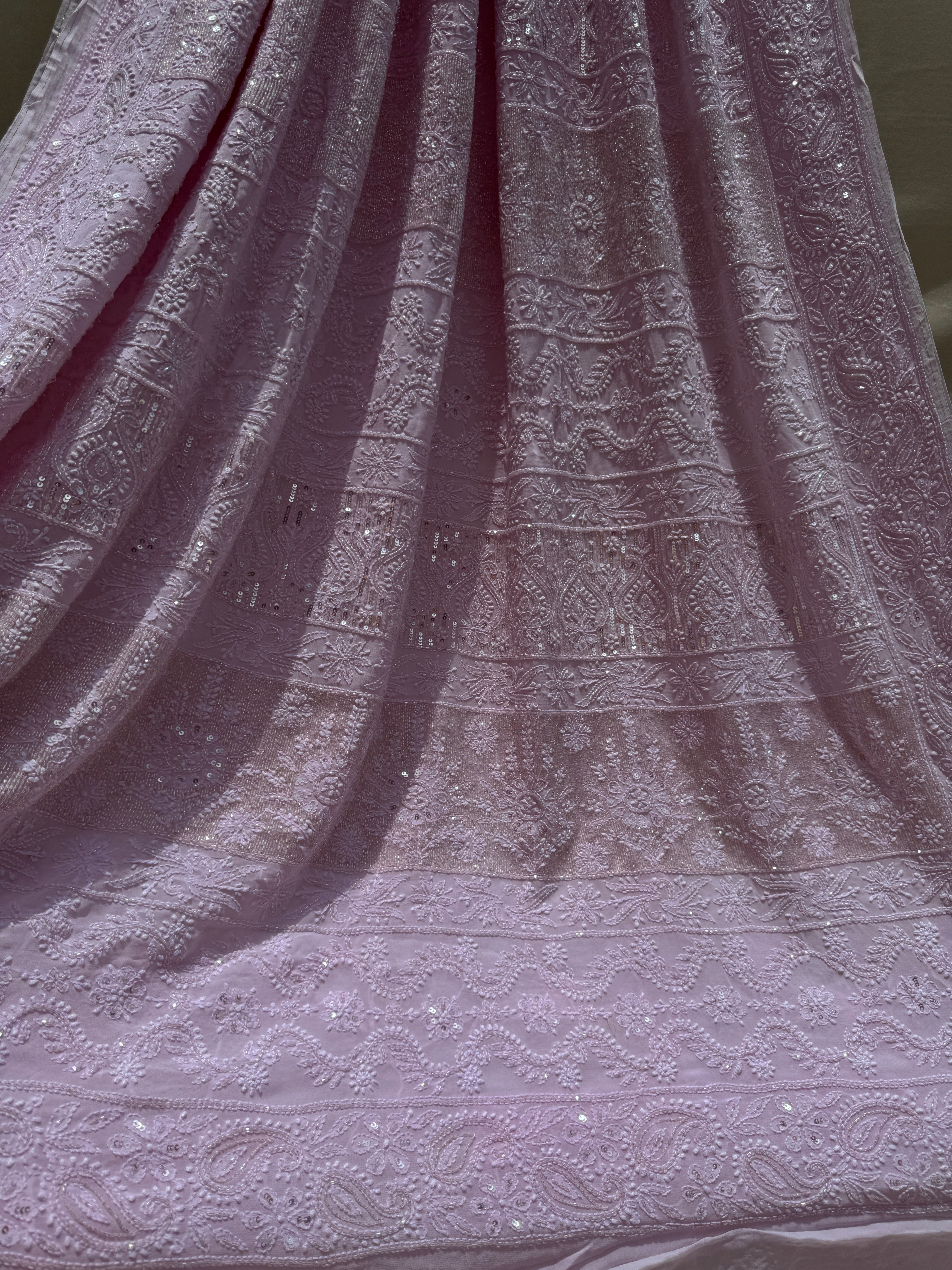 Viscose Pink Chikankari saree with Pearl embellishments ARIAA CHIKANKARI 
