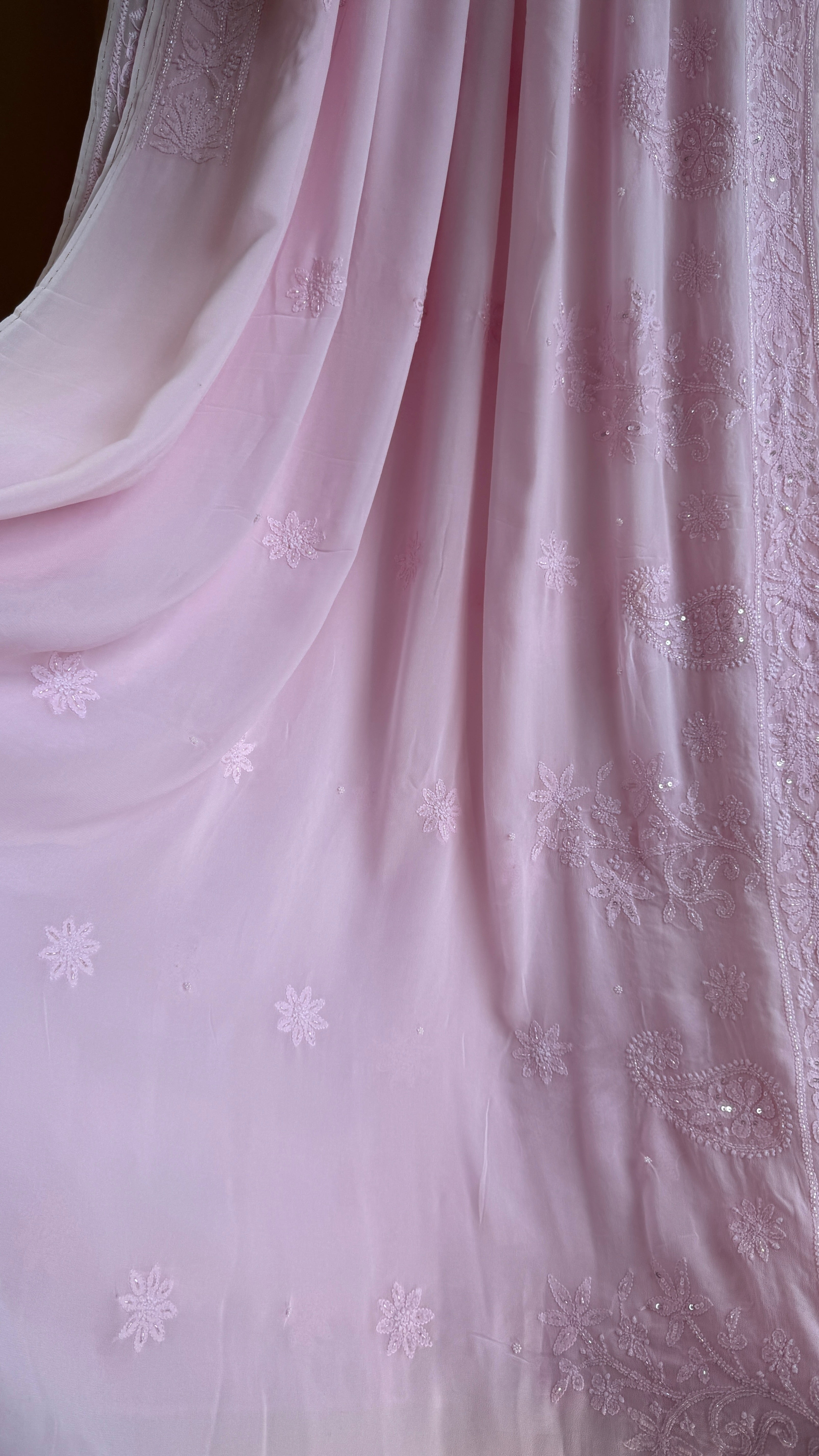 Viscose Chikankari saree with Pearl embellishments - Pink