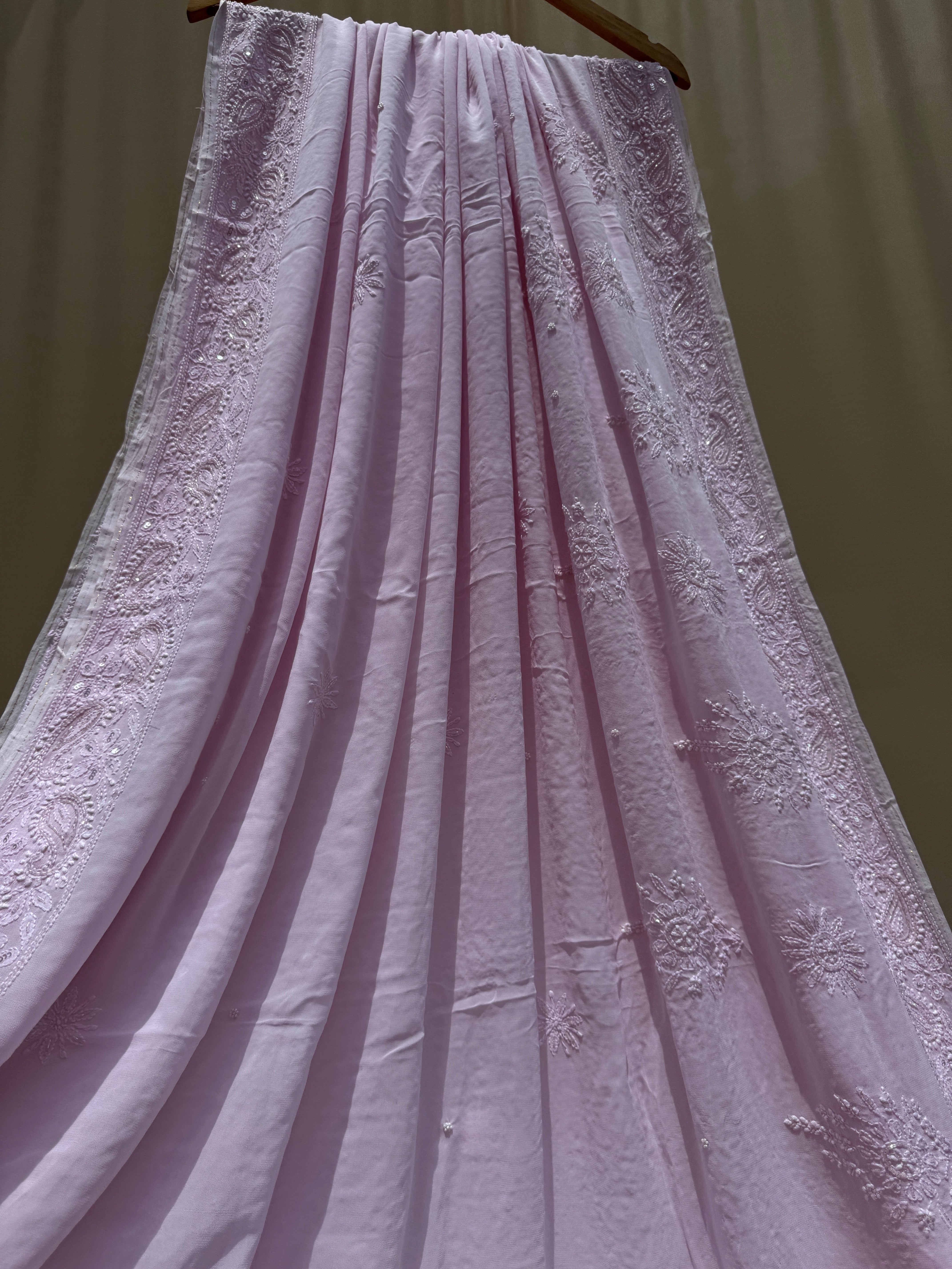 Viscose Pink Chikankari saree with Pearl embellishments ARIAA CHIKANKARI 